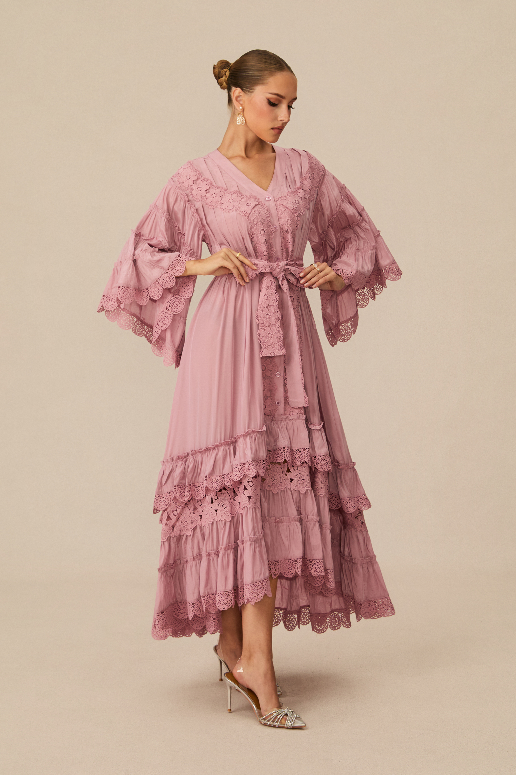 Essence Of Elegance Pink Floral Lace Tiered Midi Dress