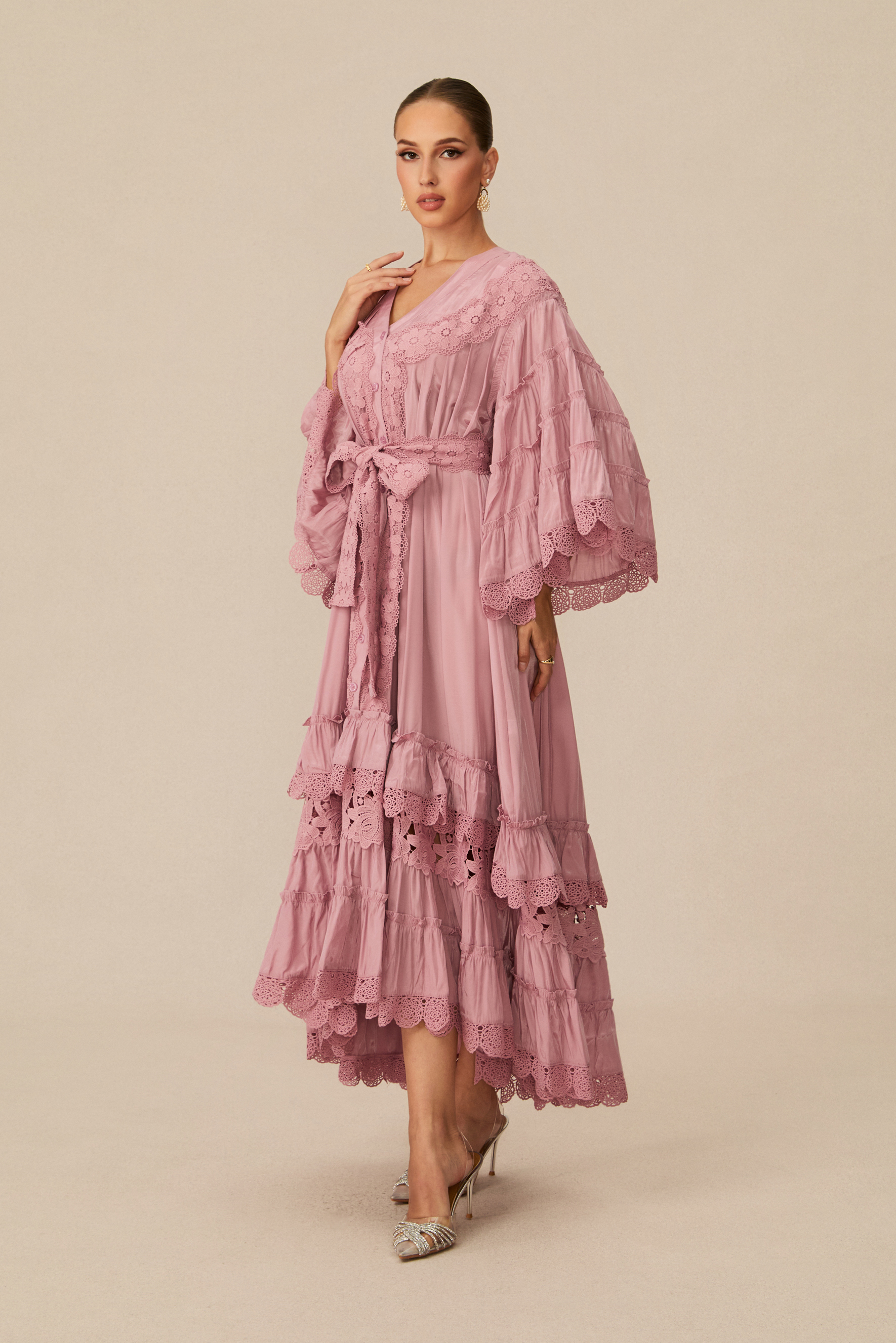 Essence Of Elegance Pink Floral Lace Tiered Midi Dress