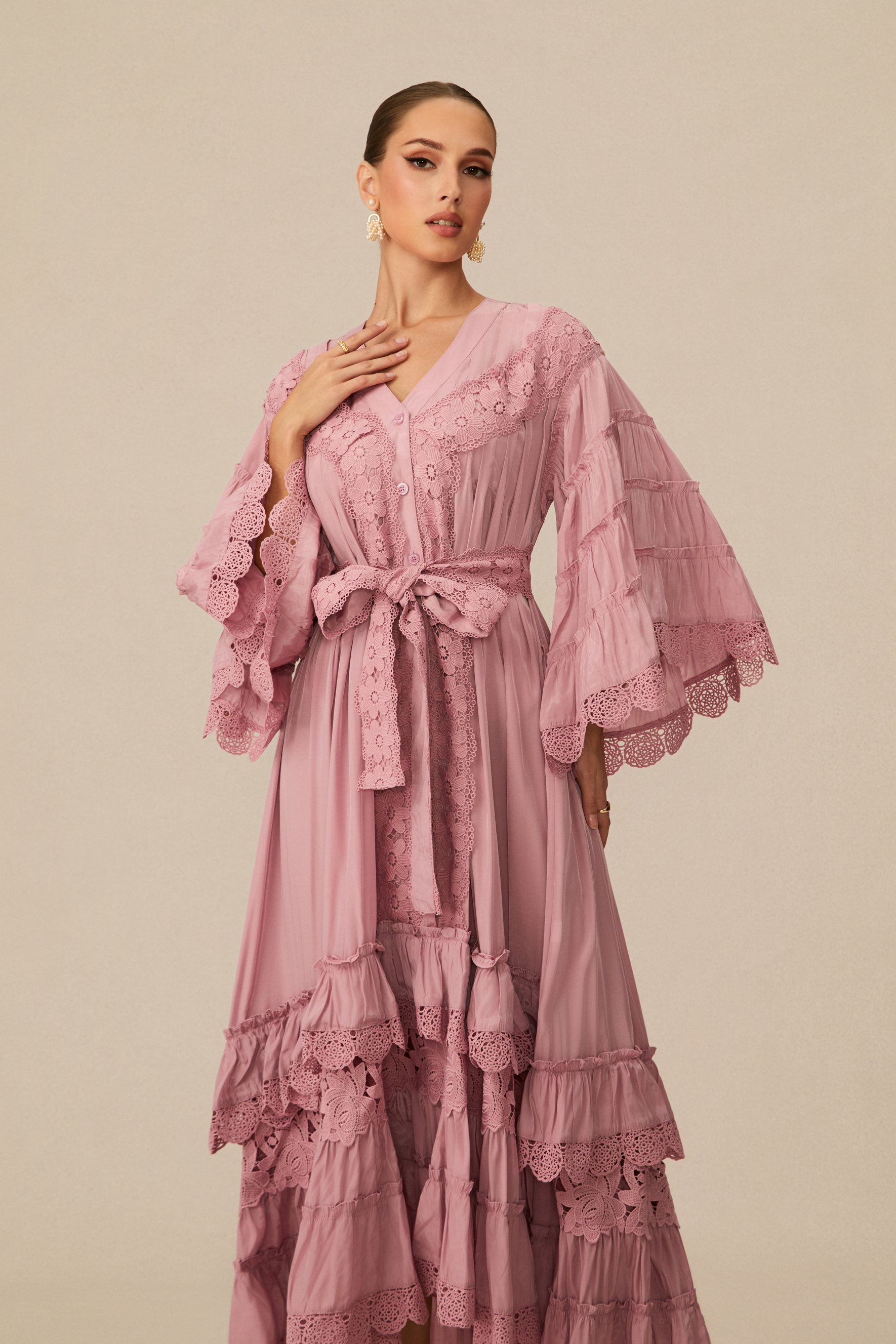 Essence Of Elegance Pink Floral Lace Tiered Midi Dress