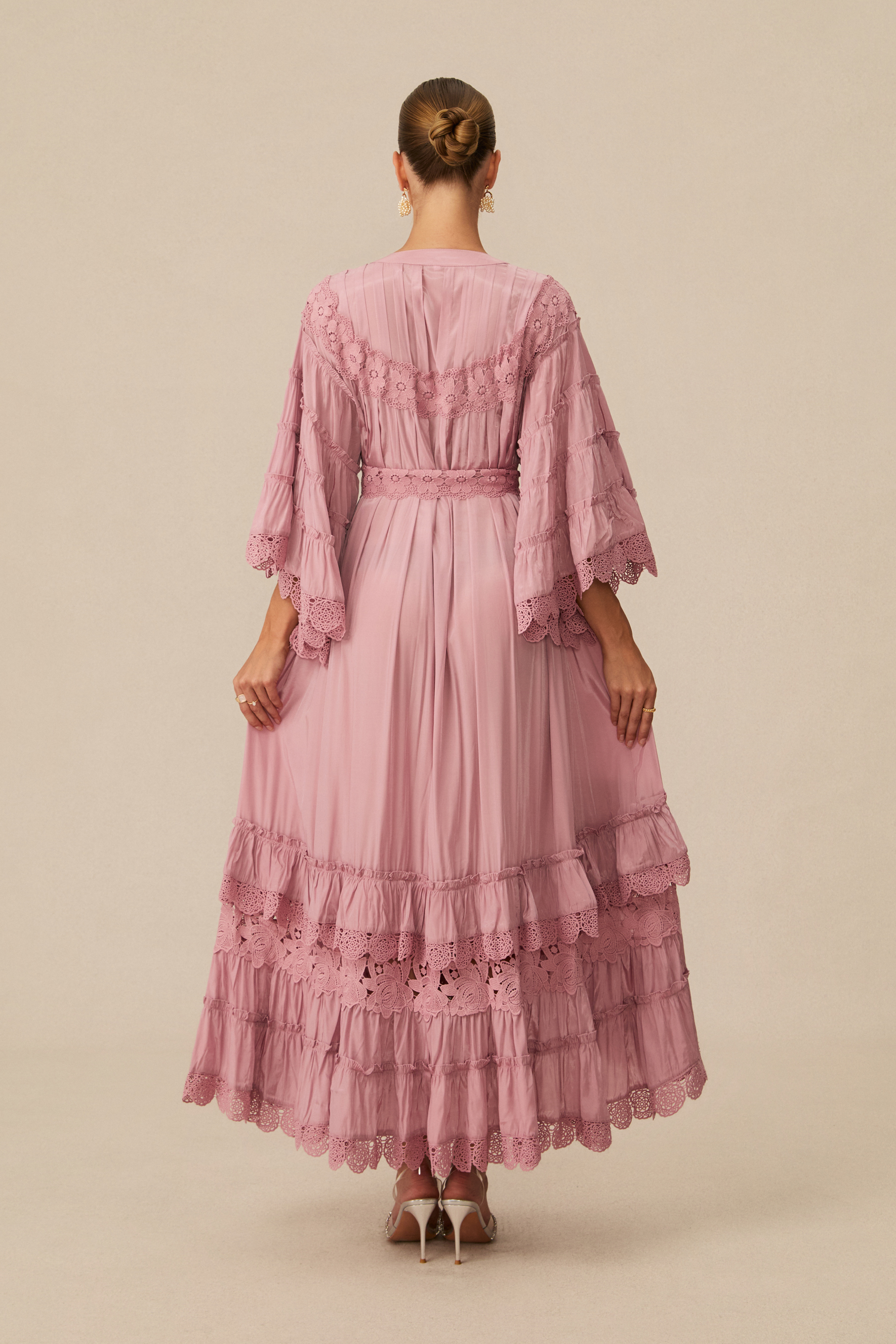 Essence Of Elegance Pink Floral Lace Tiered Midi Dress
