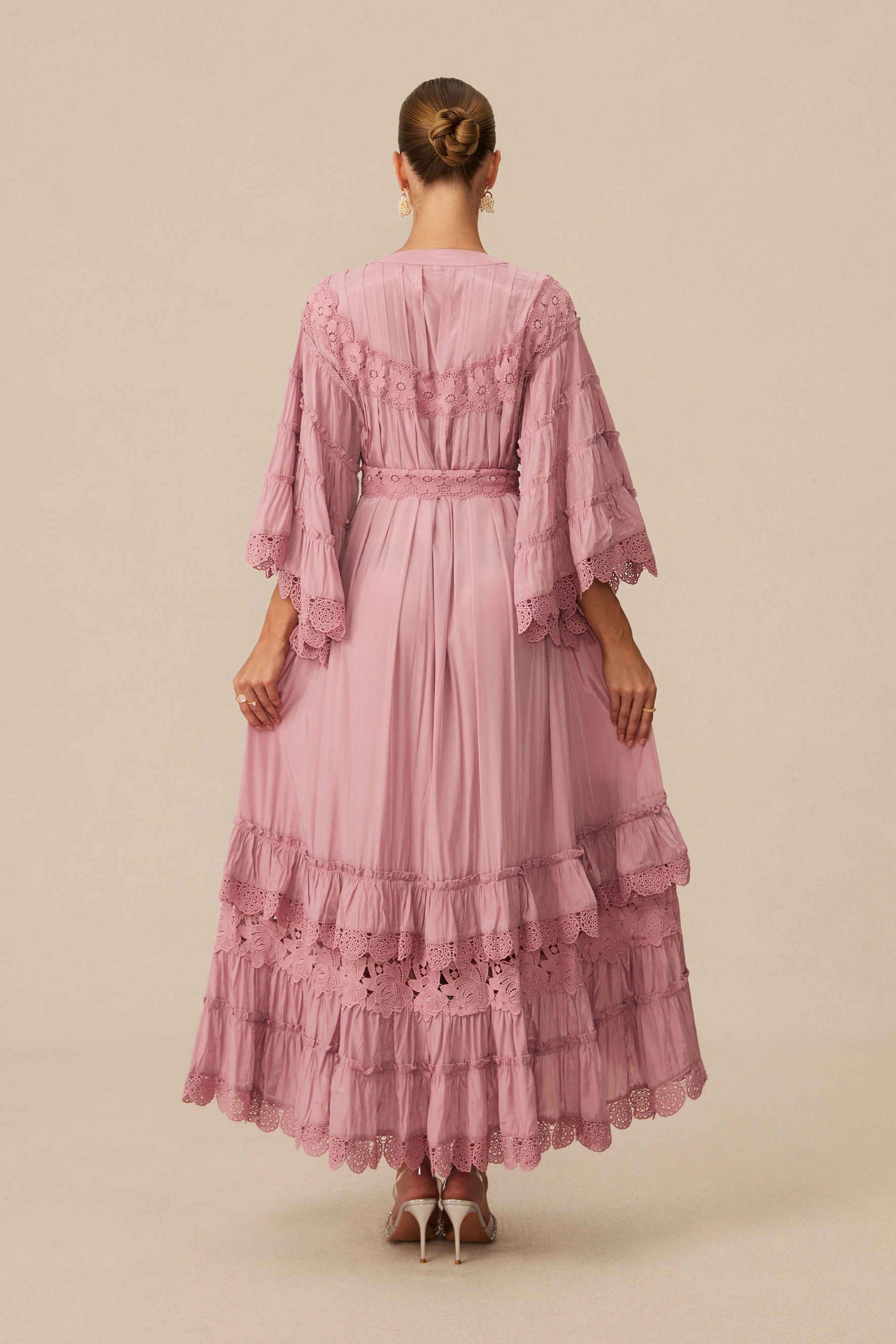 Essence Of Elegance Pink Floral Lace Tiered Midi Dress