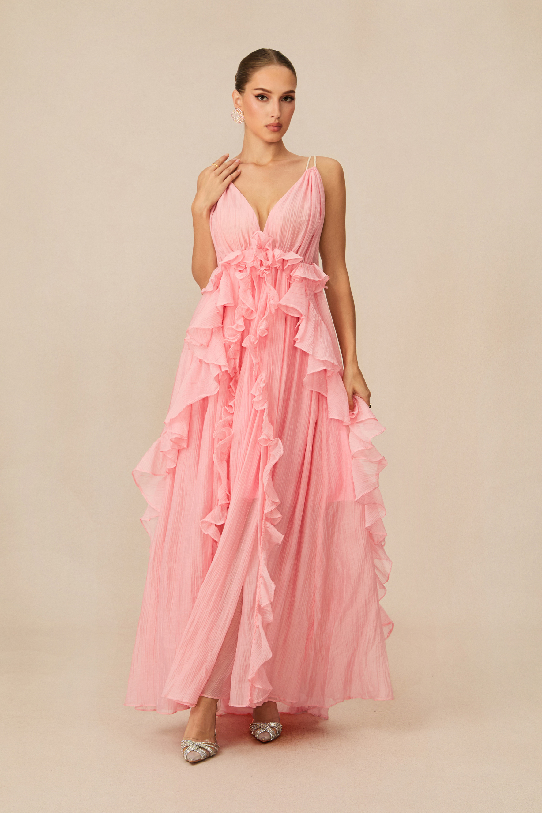 Elsa Plunge Neck Ruffle Maxi Dress