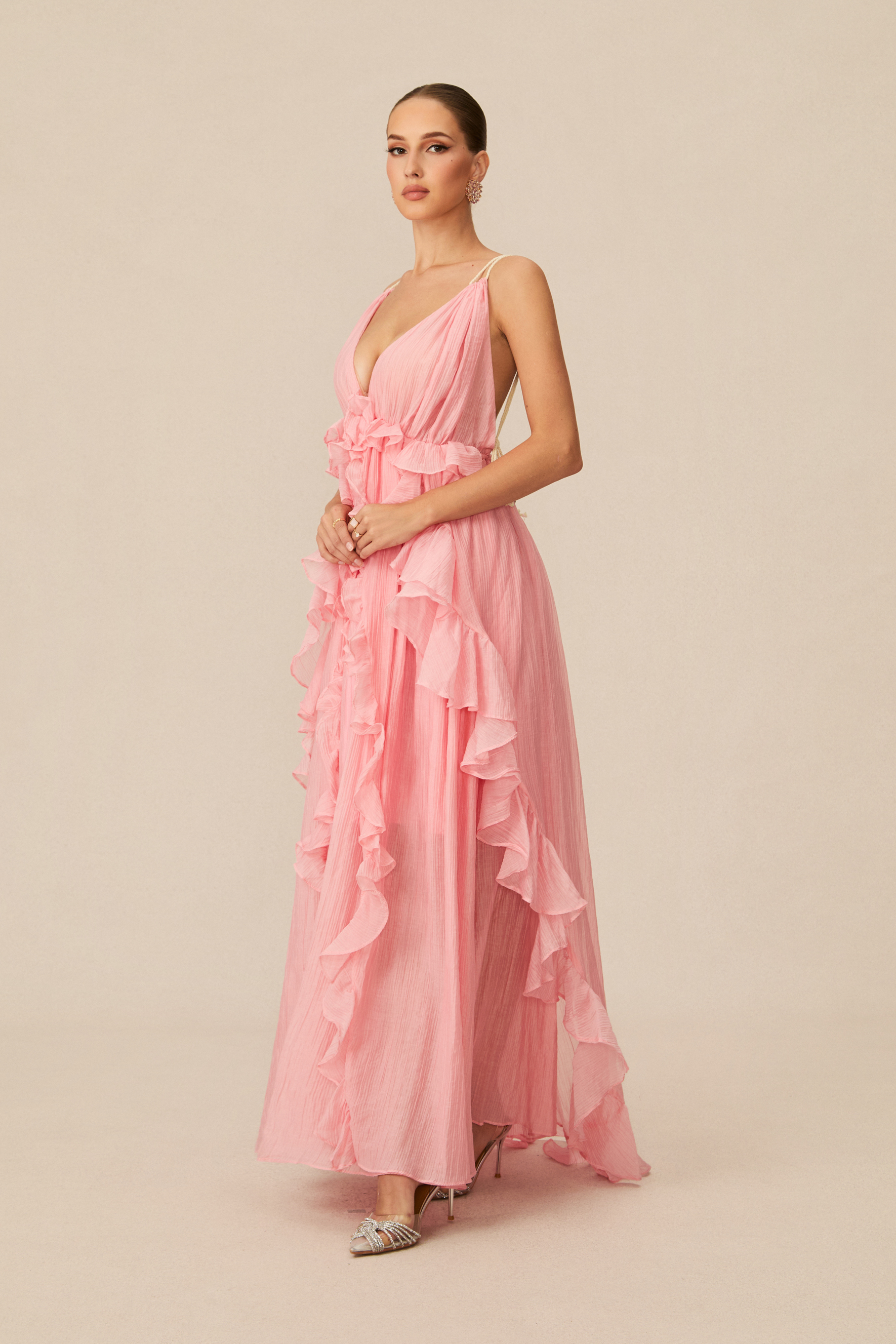 Elsa Plunge Neck Ruffle Maxi Dress