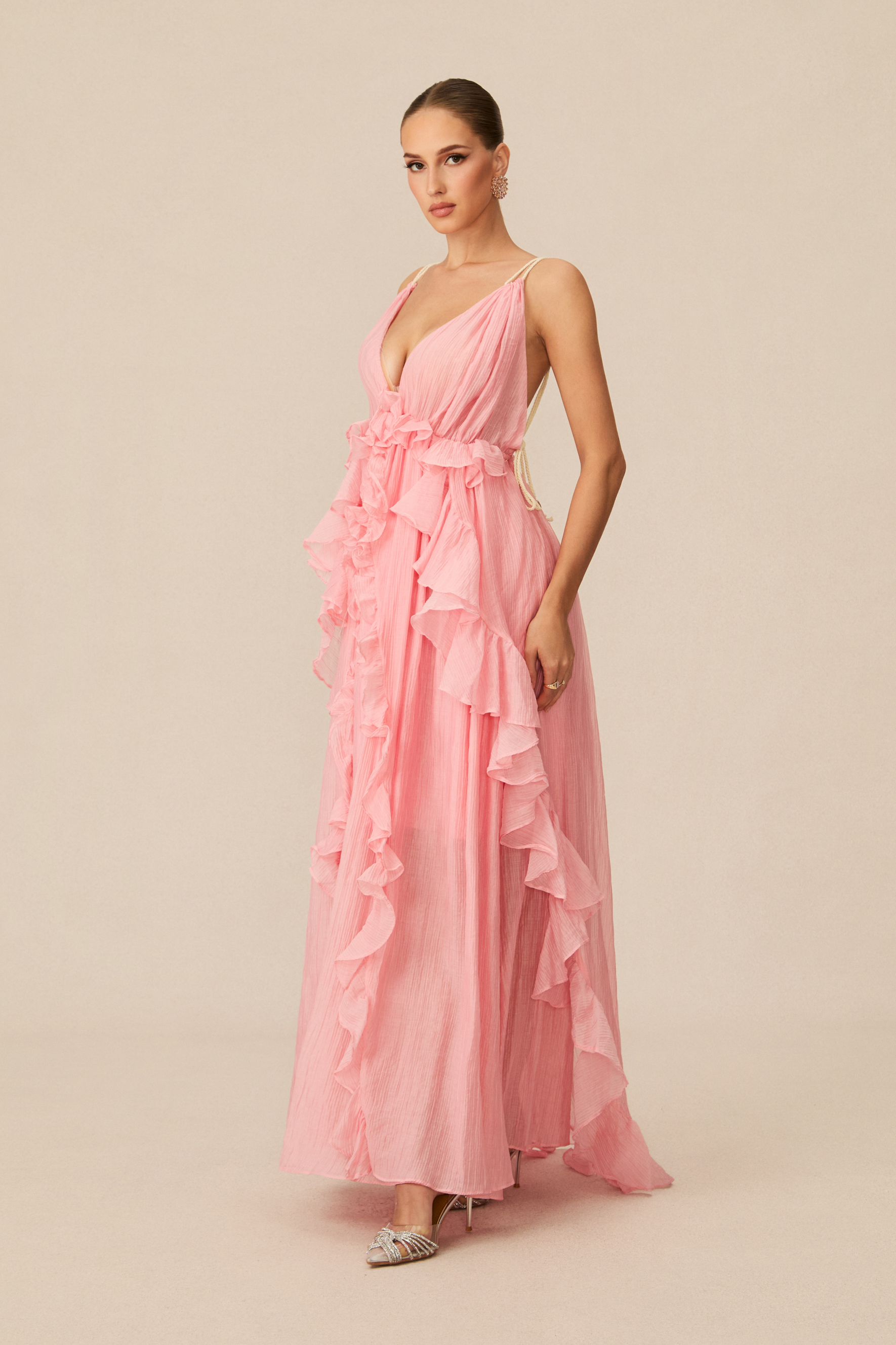 Elsa Plunge Neck Ruffle Maxi Dress