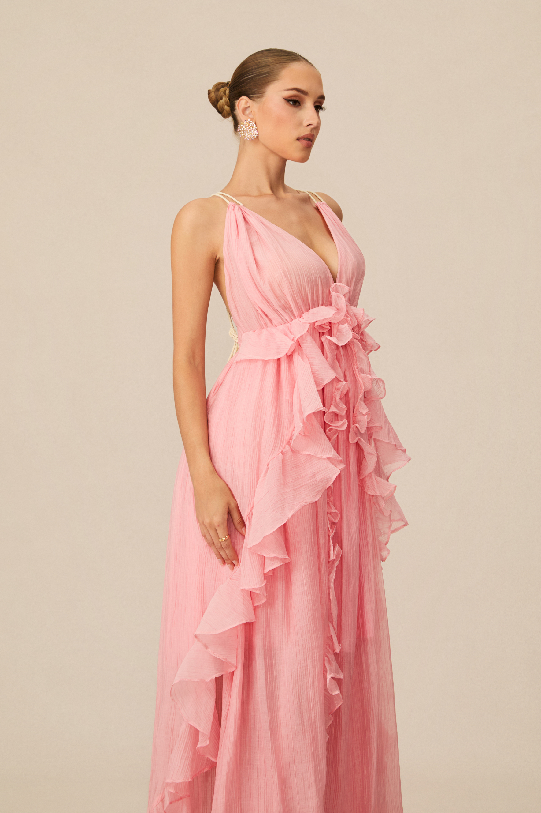 Elsa Plunge Neck Ruffle Maxi Dress