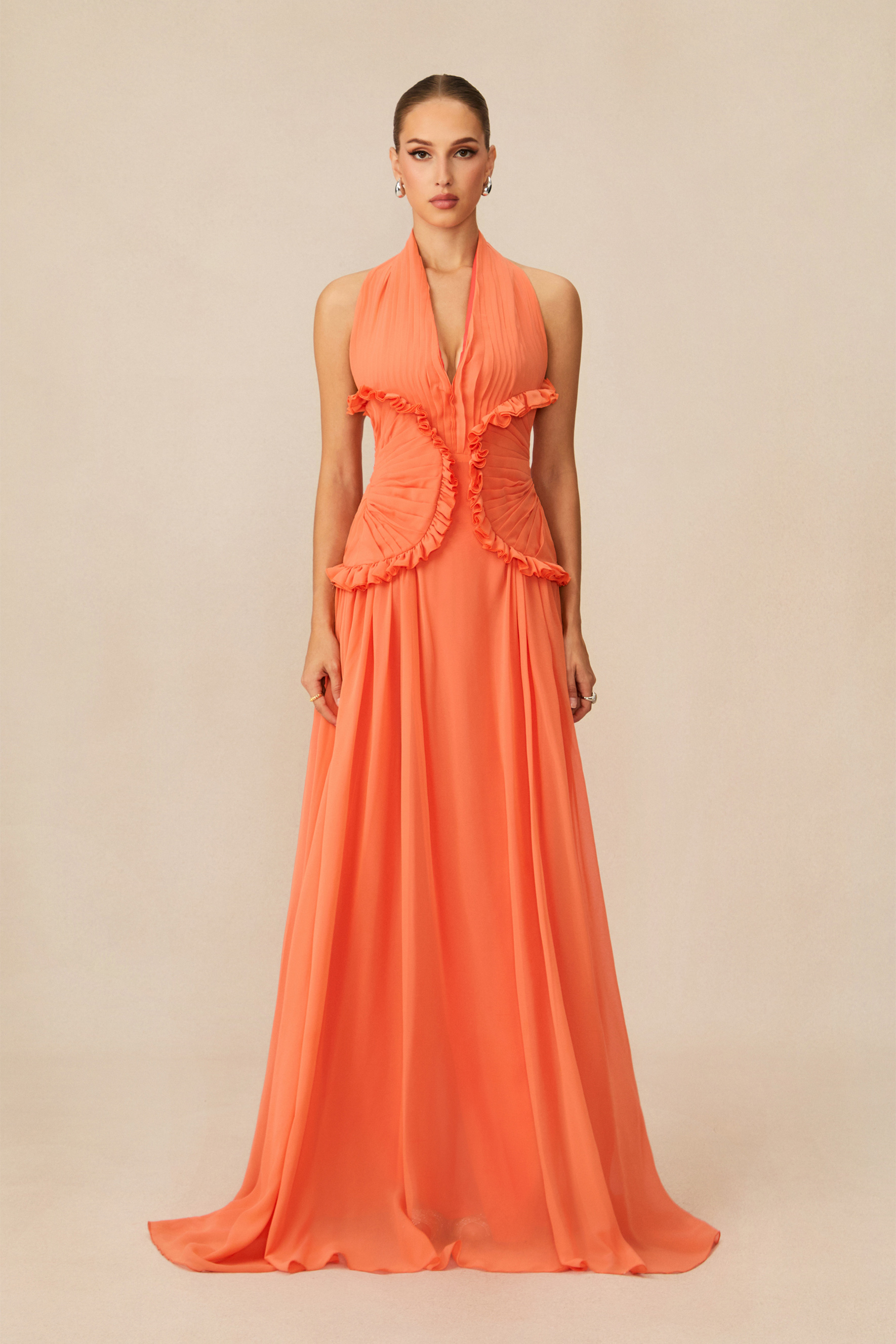 Aliza Halter Neck Ruffle Trim Maxi Dress – sunfere