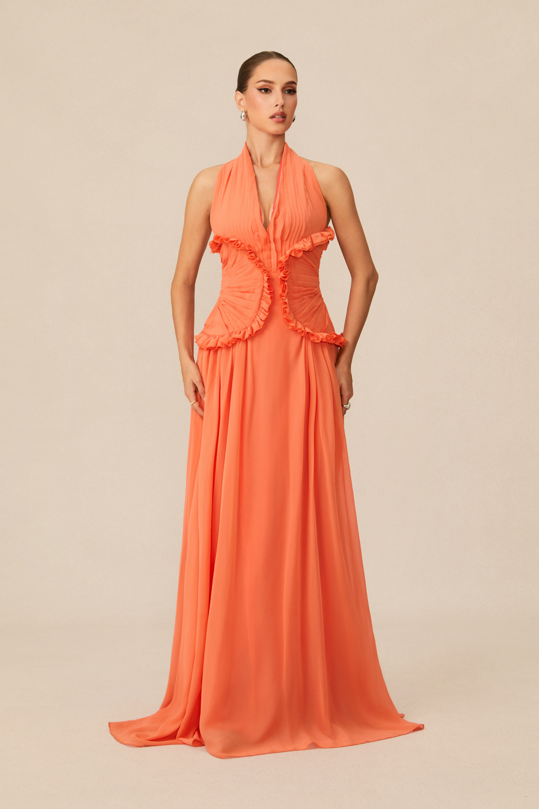Aliza Halter Neck Ruffle Trim Maxi Dress