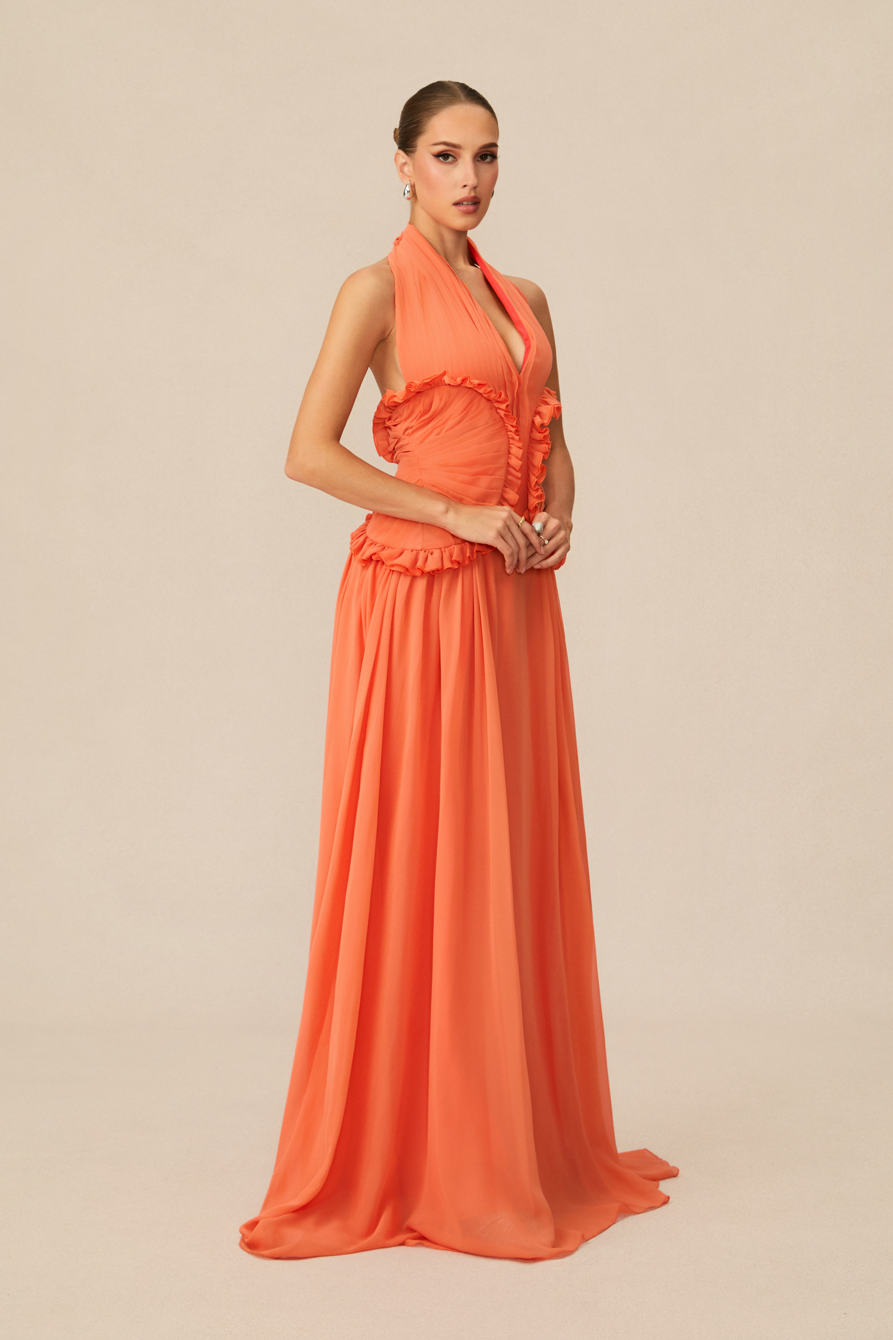 Aliza Halter Neck Ruffle Trim Maxi Dress