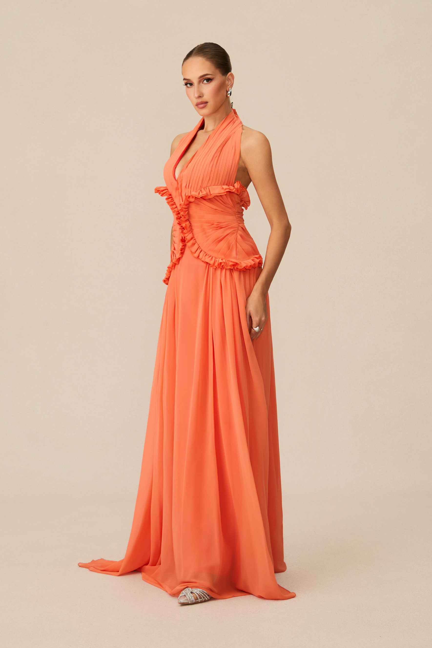 Aliza Halter Neck Ruffle Trim Maxi Dress