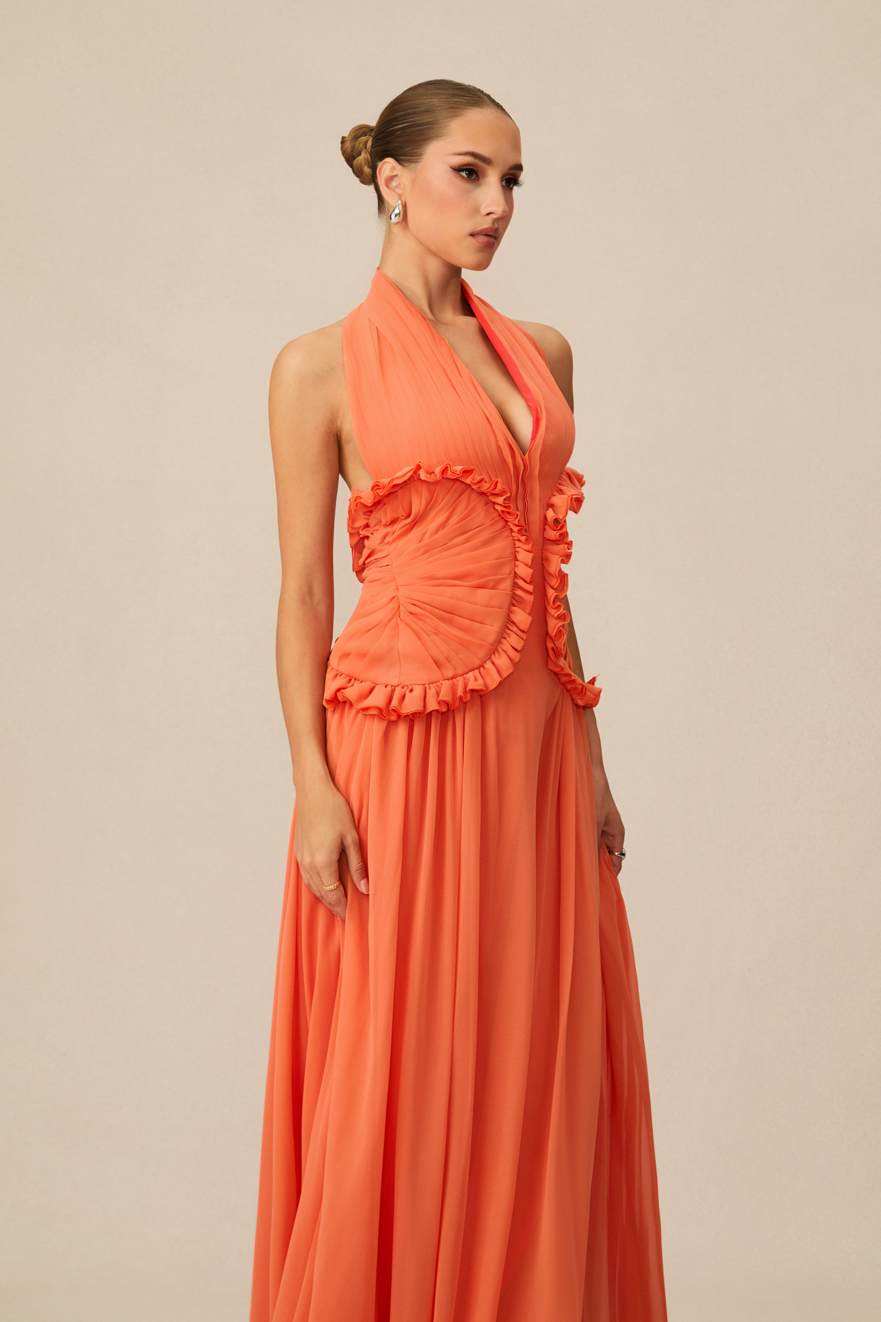 Aliza Halter Neck Ruffle Trim Maxi Dress