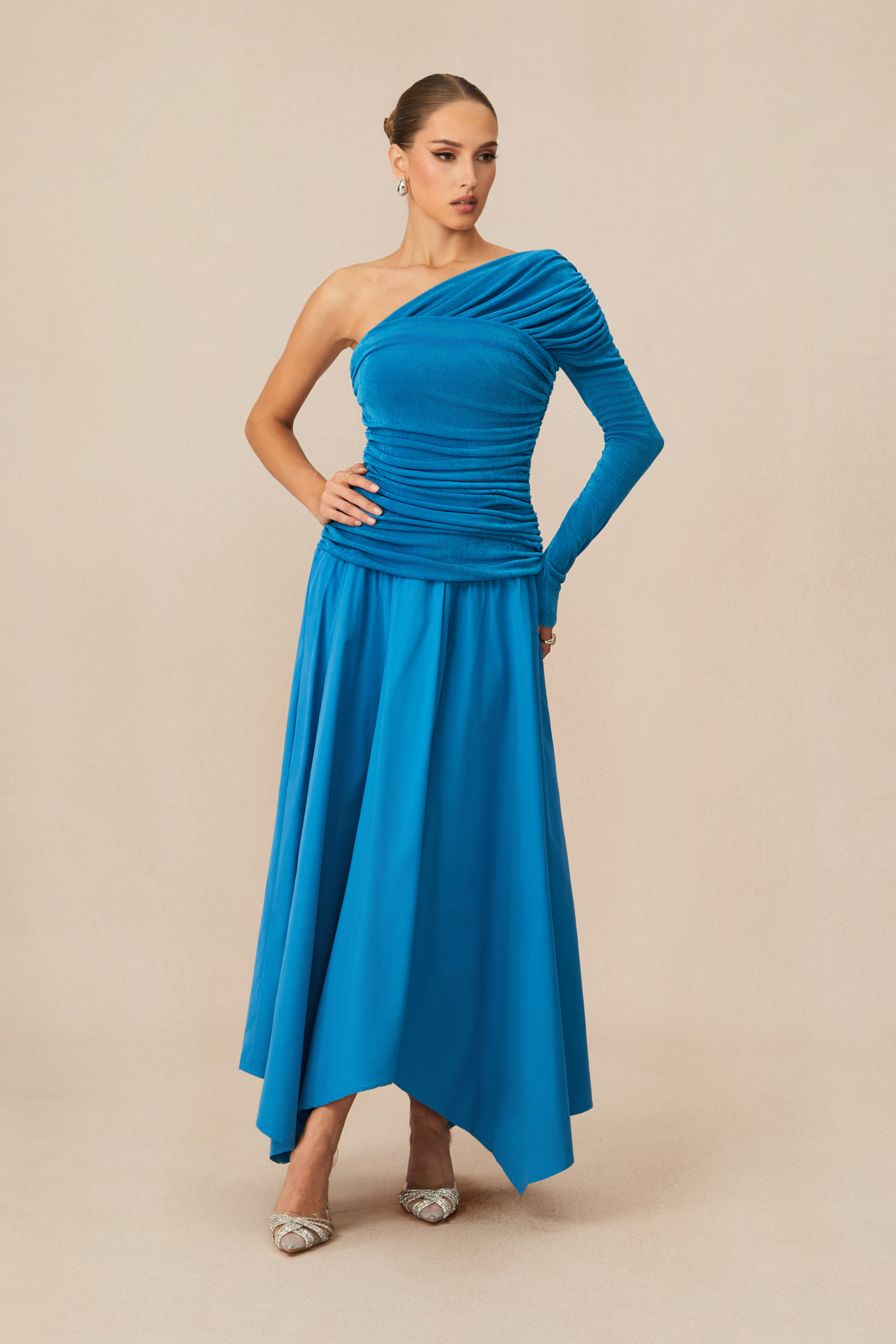Jane One Shoulder Asymmetric Hem Maxi Dress
