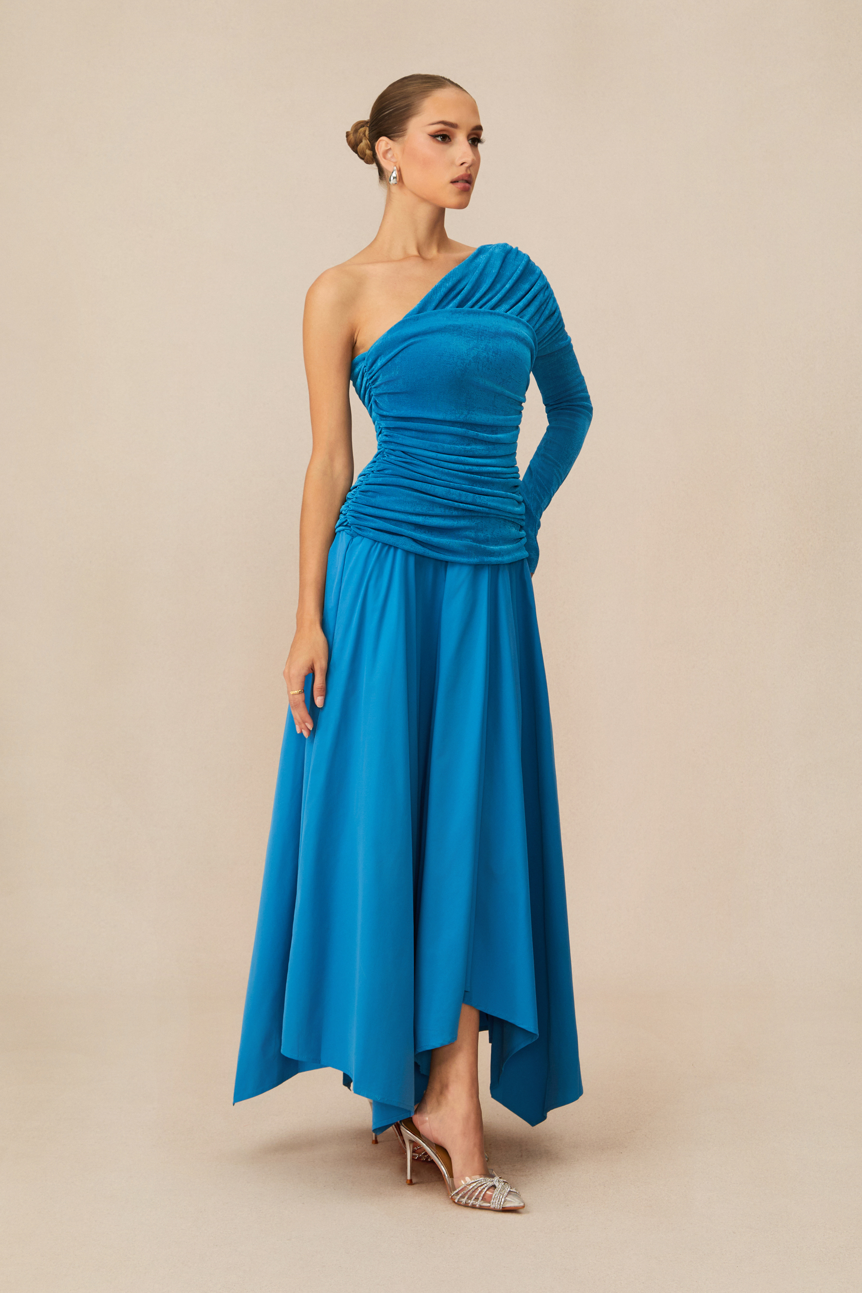 Jane One Shoulder Asymmetric Hem Maxi Dress