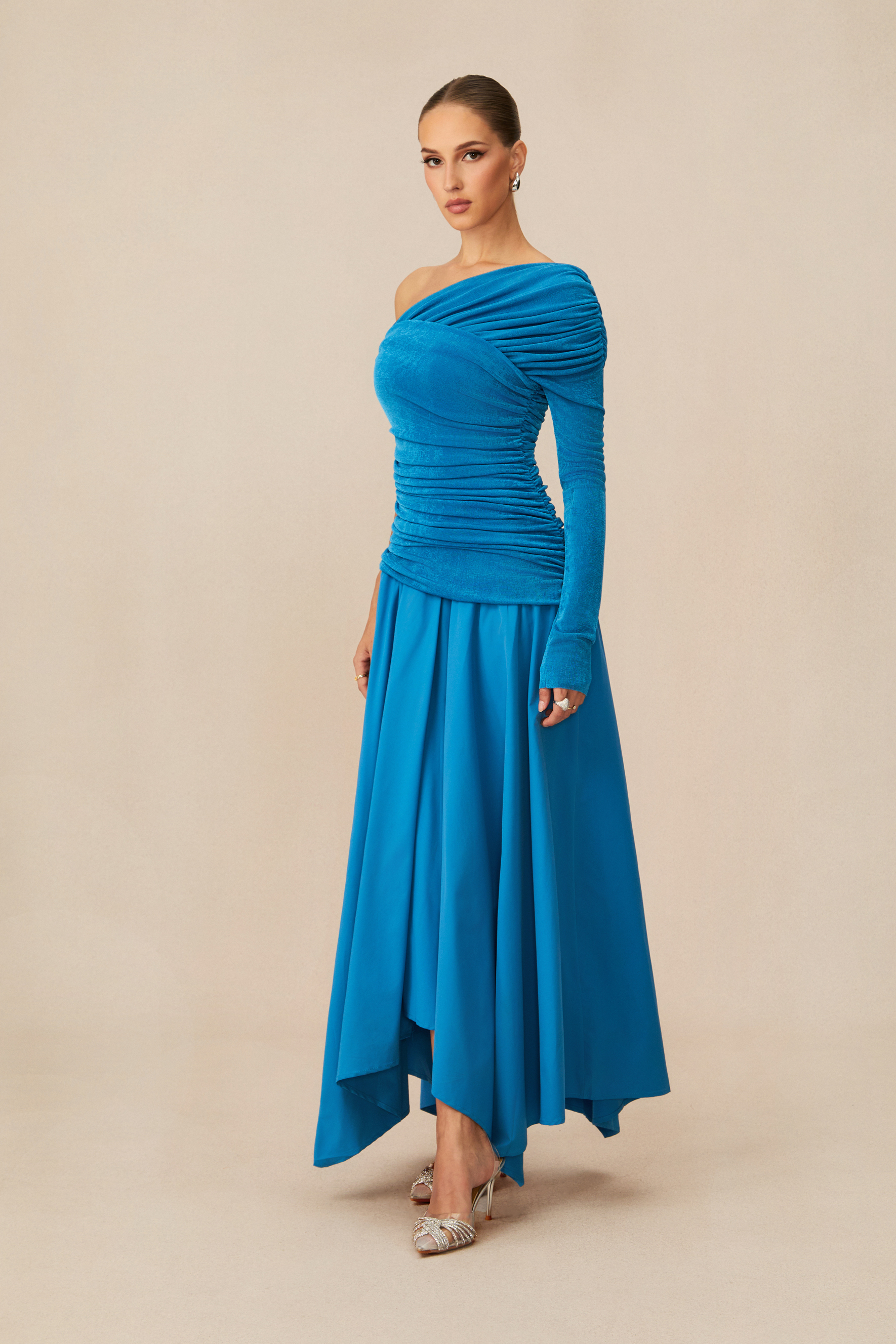 Jane One Shoulder Asymmetric Hem Maxi Dress