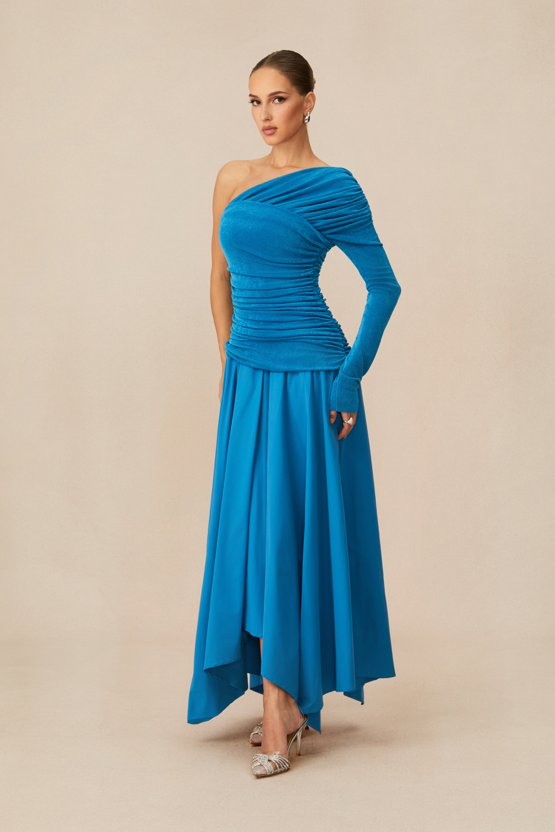 Jane One Shoulder Asymmetric Hem Maxi Dress