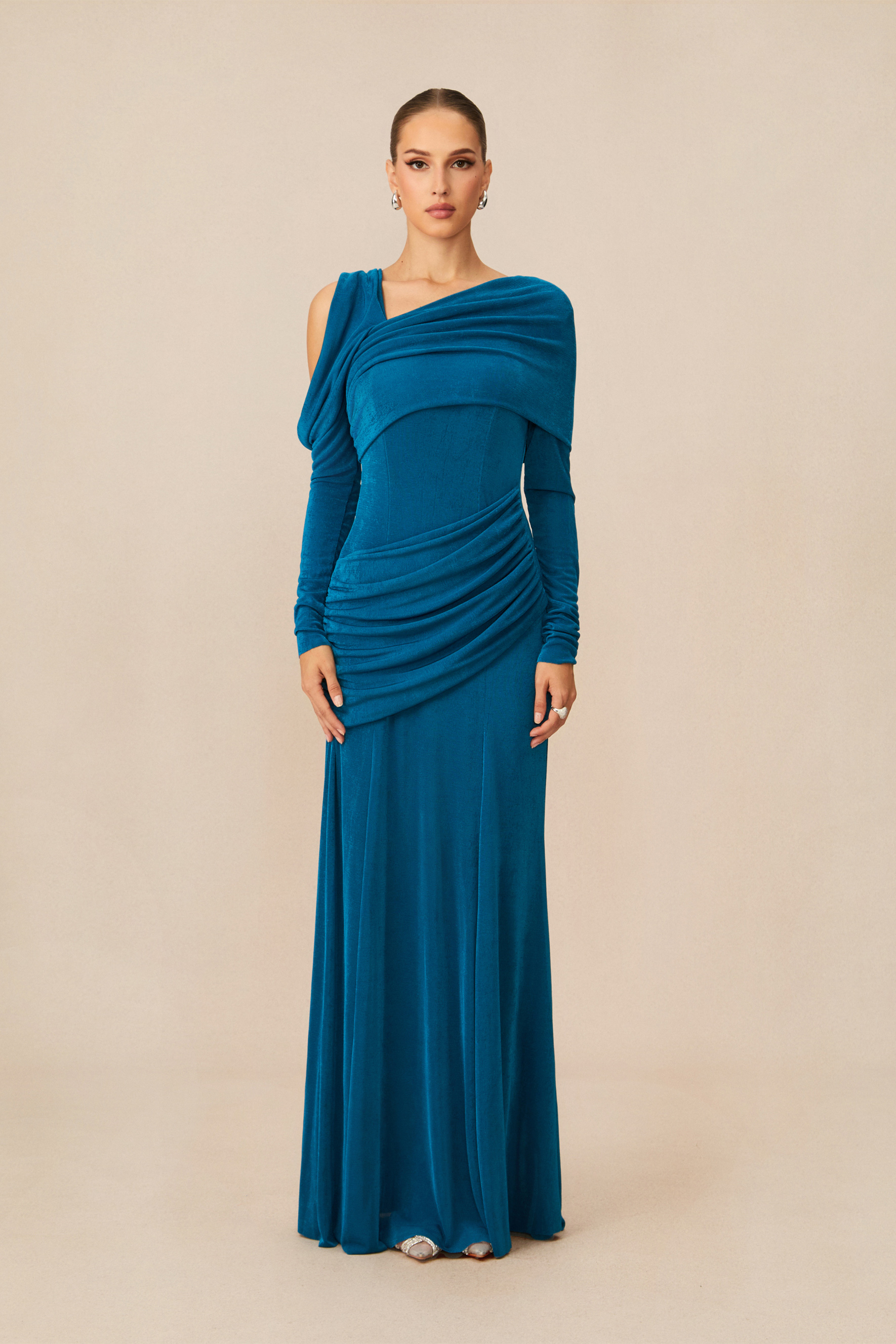 Judith Asymmetric Ruched Long Sleeve Maxi Dress