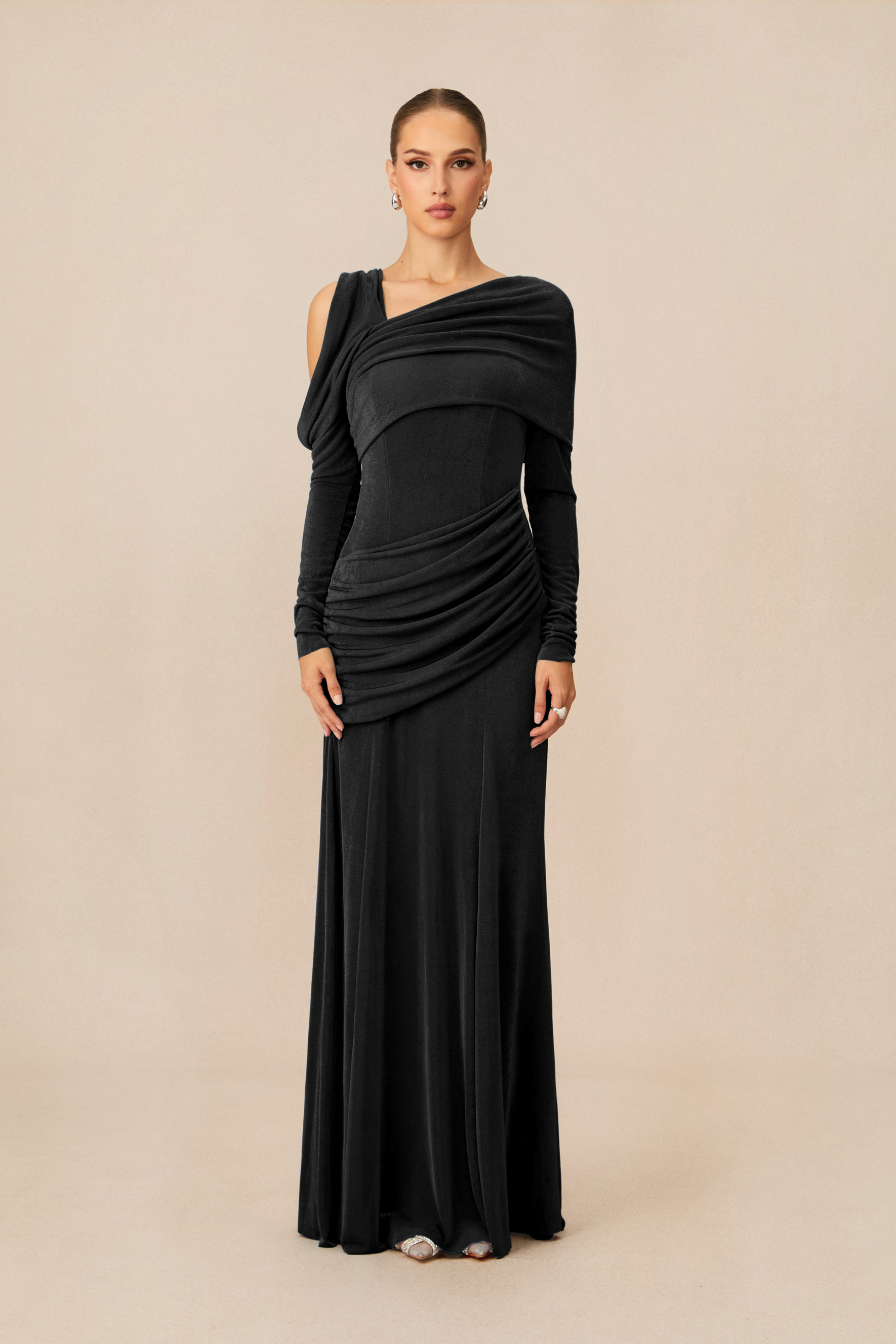 Judith Asymmetric Ruched Long Sleeve Maxi Dress