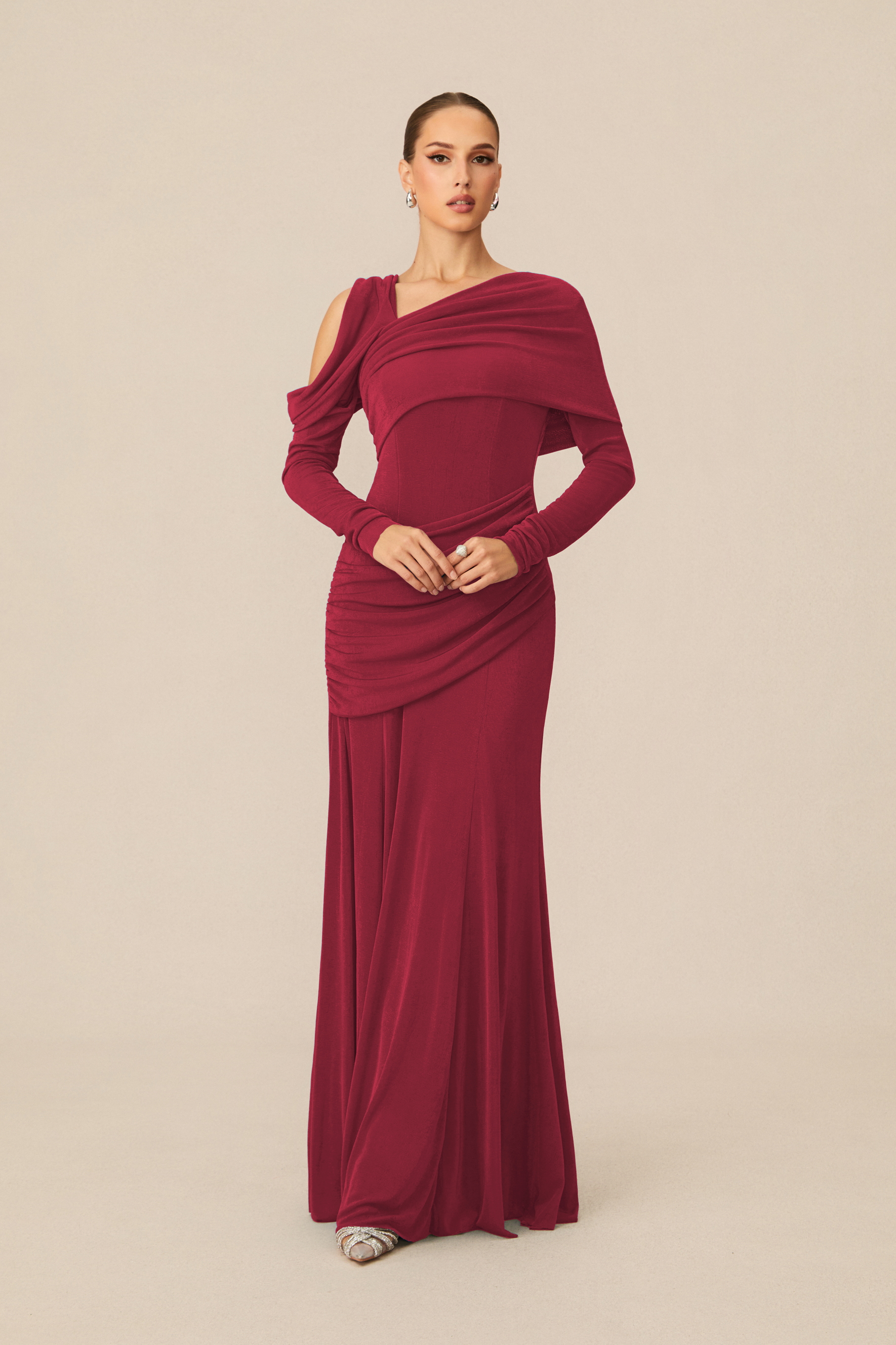 Judith Asymmetric Ruched Long Sleeve Maxi Dress