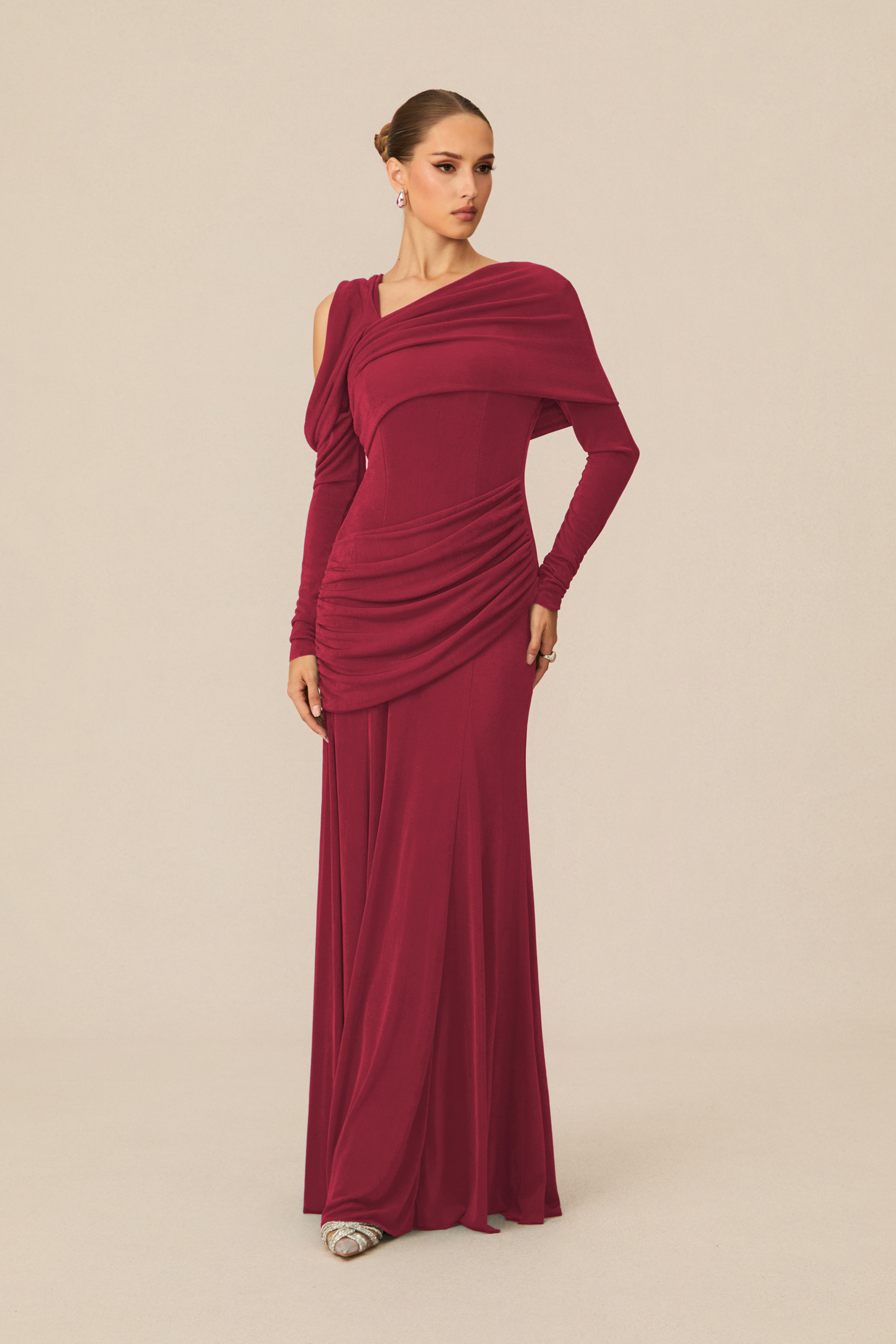 Judith Asymmetric Ruched Long Sleeve Maxi Dress