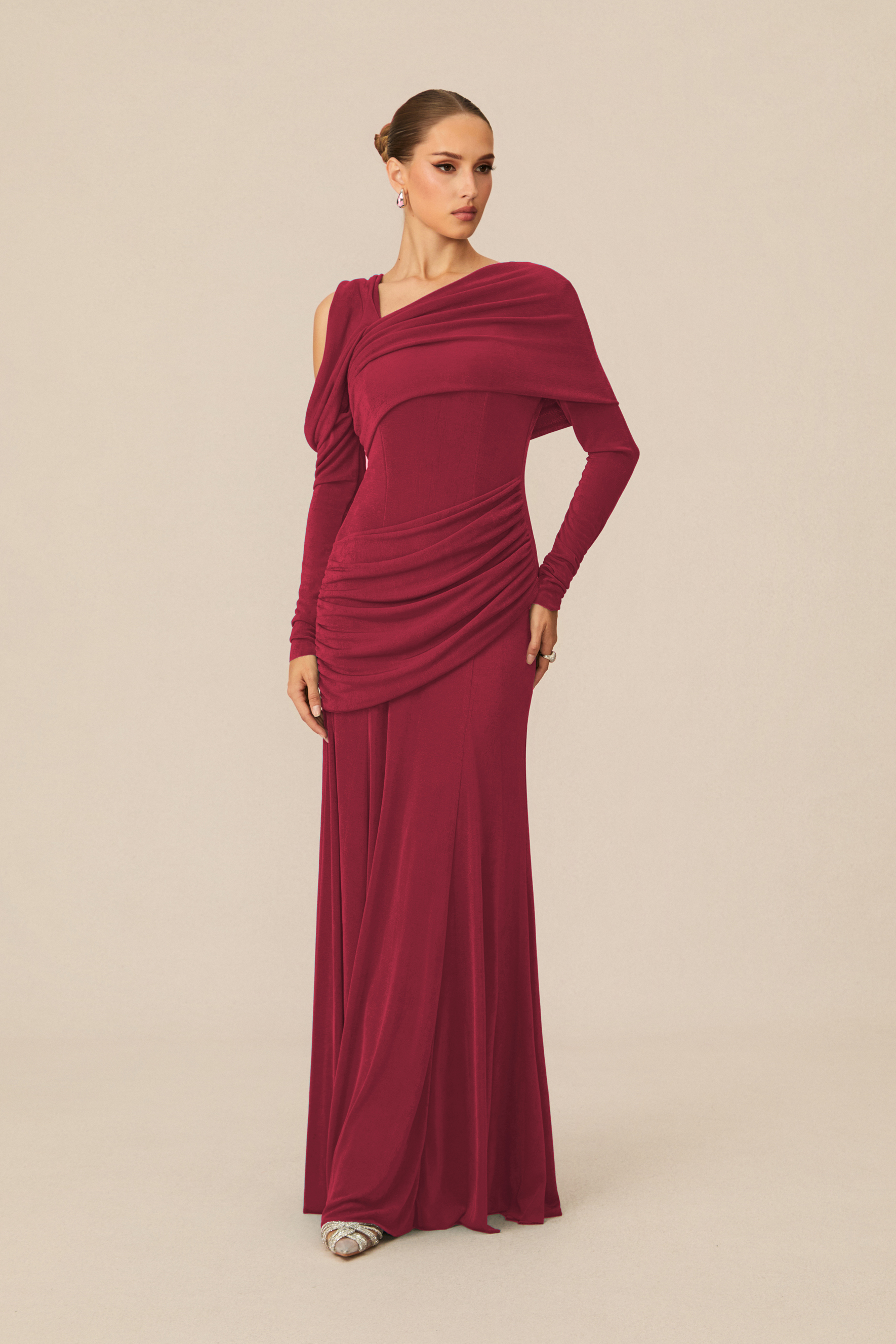 Judith Asymmetric Ruched Long Sleeve Maxi Dress