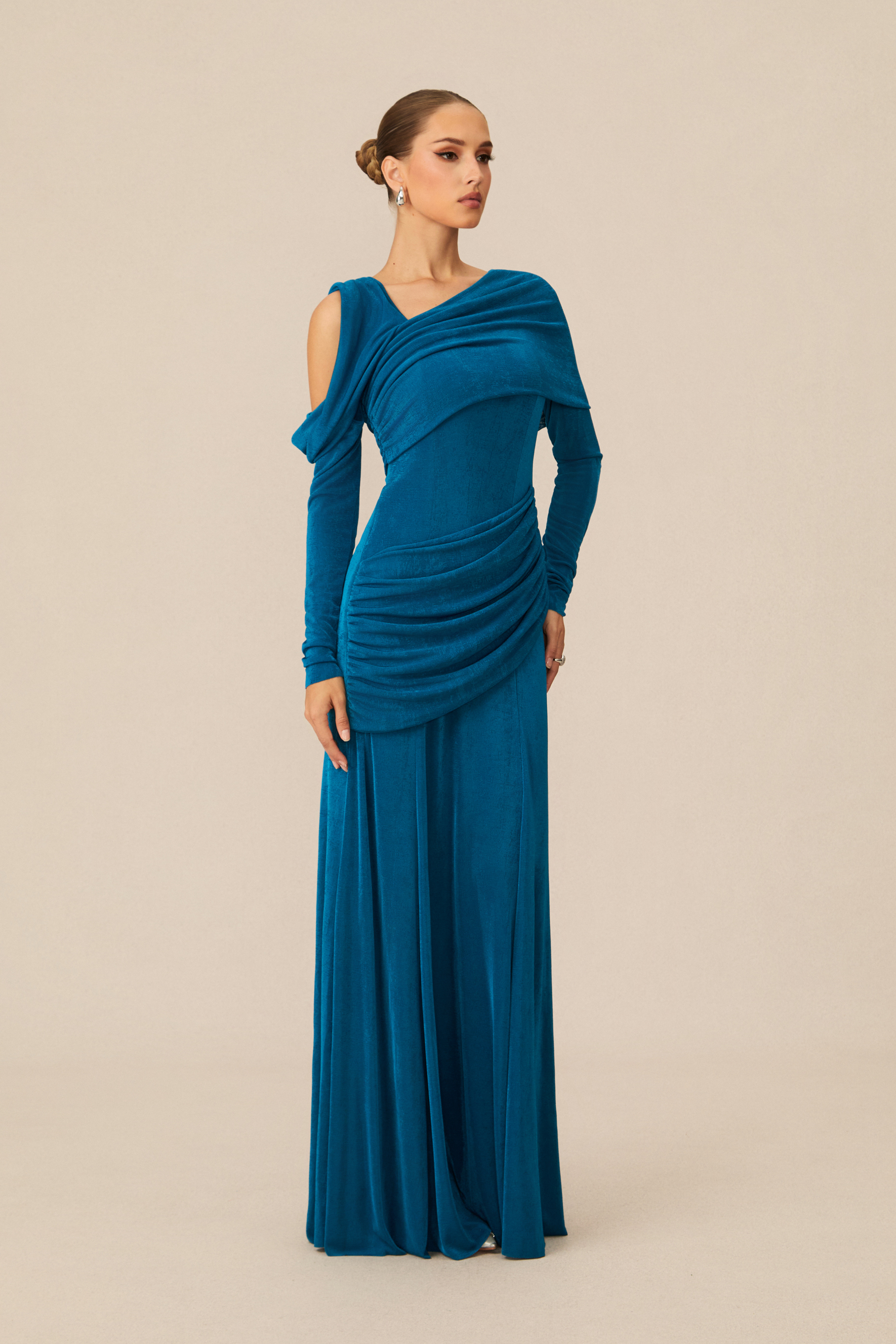 Judith Asymmetric Ruched Long Sleeve Maxi Dress