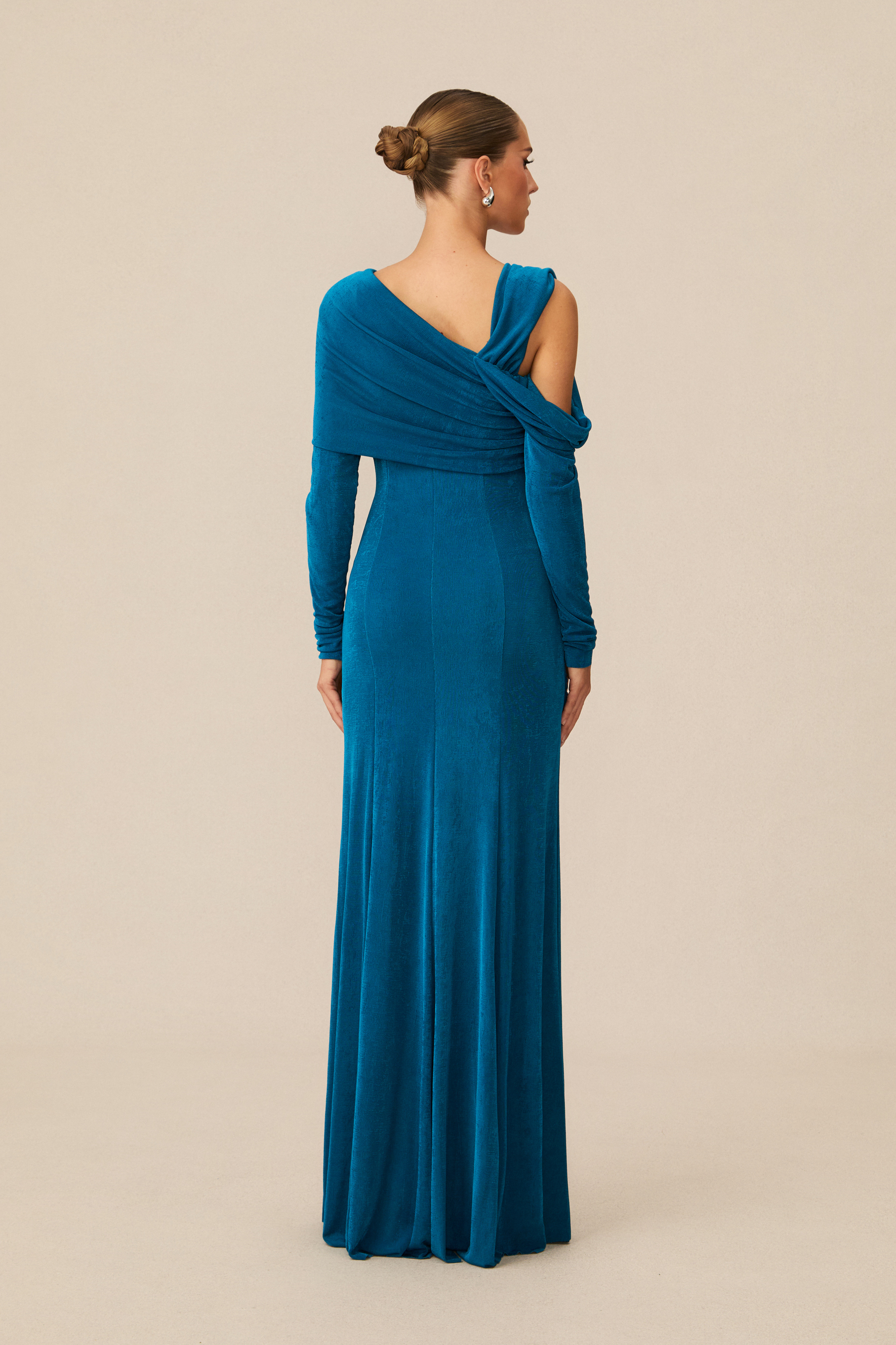 Judith Asymmetric Ruched Long Sleeve Maxi Dress