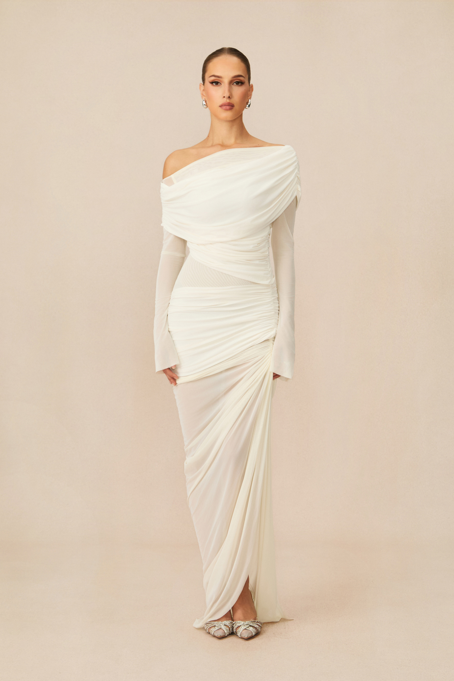 Paula One Shoulder Ruched Mesh Maxi Dress