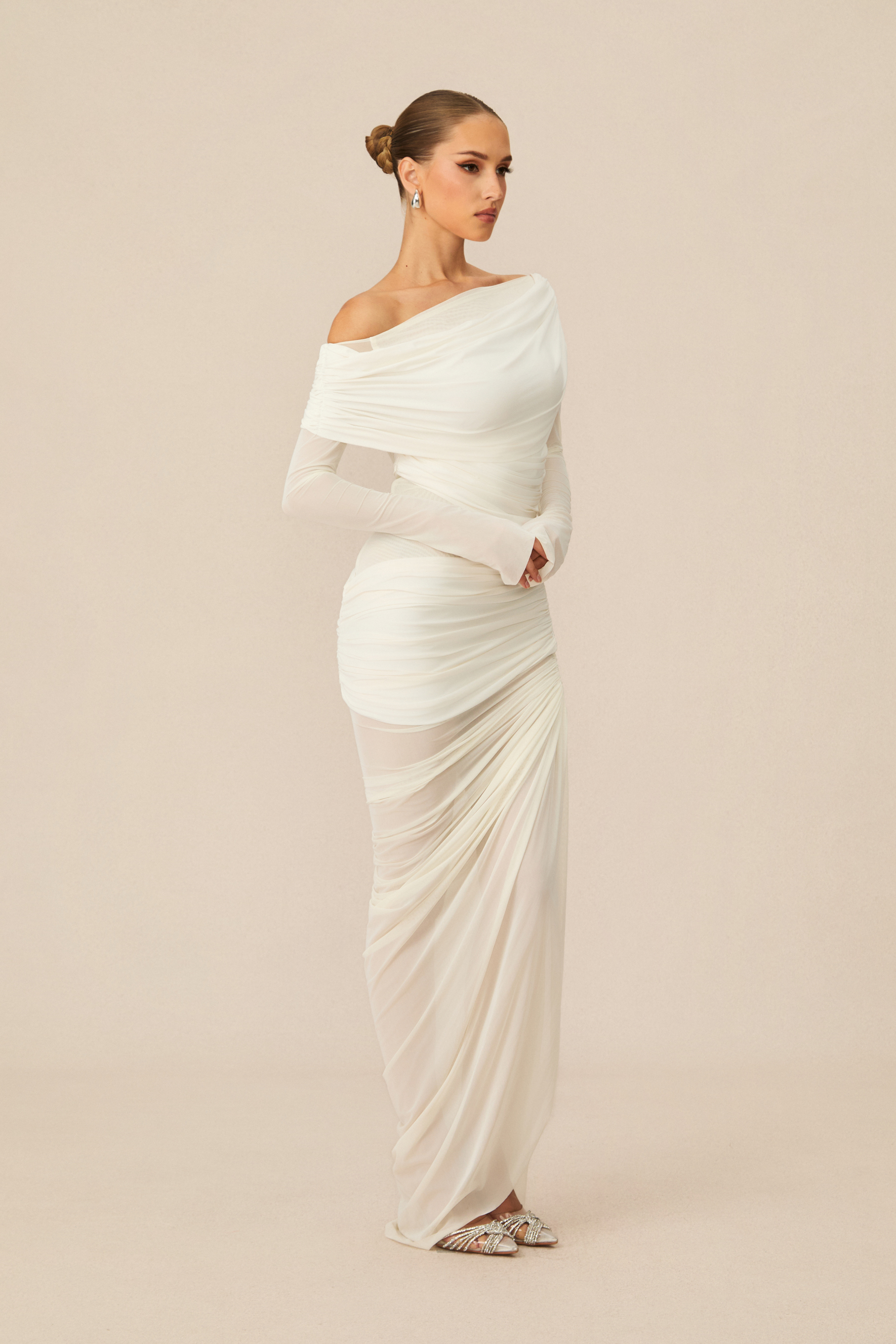 Paula One Shoulder Ruched Mesh Maxi Dress