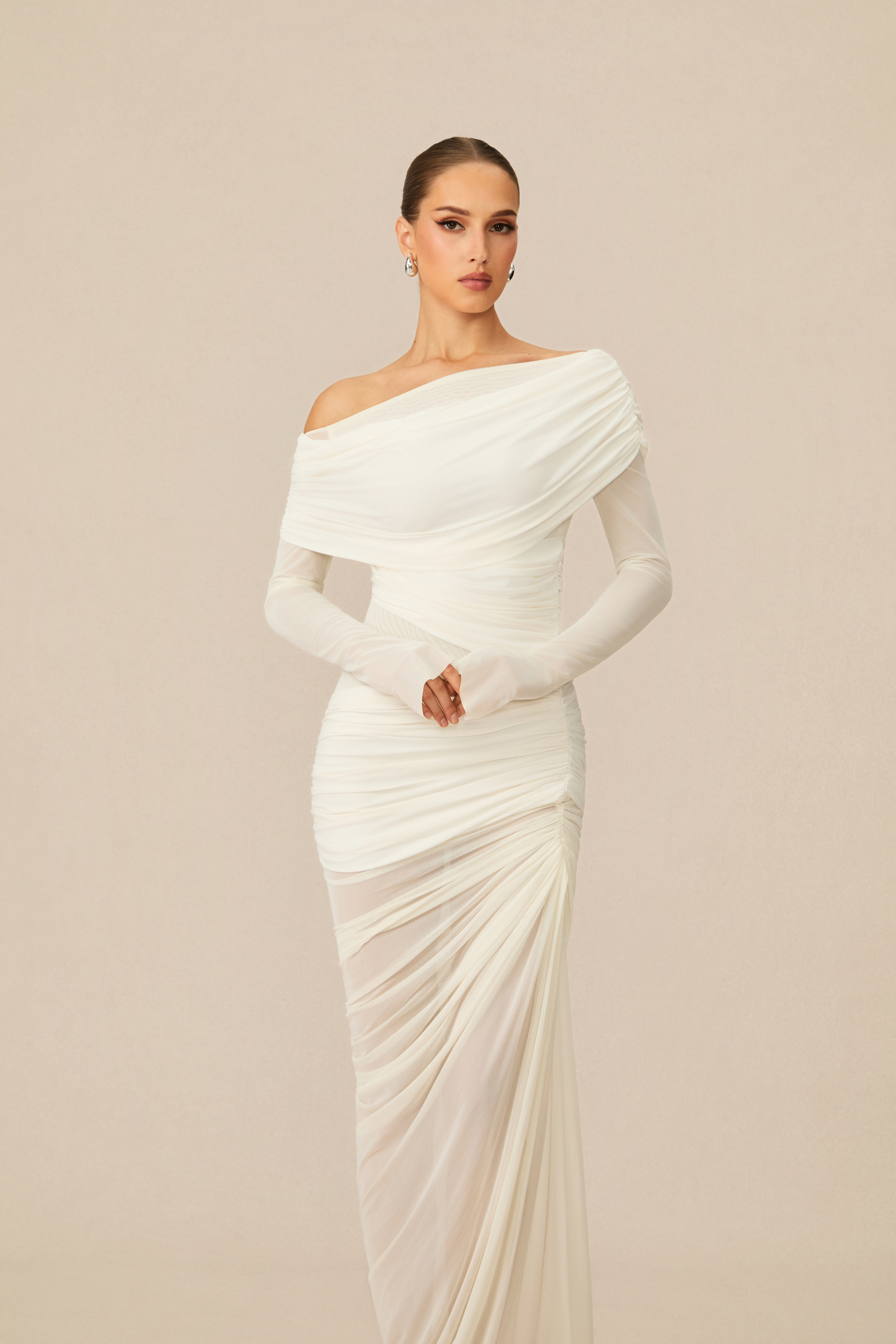 Paula One Shoulder Ruched Mesh Maxi Dress