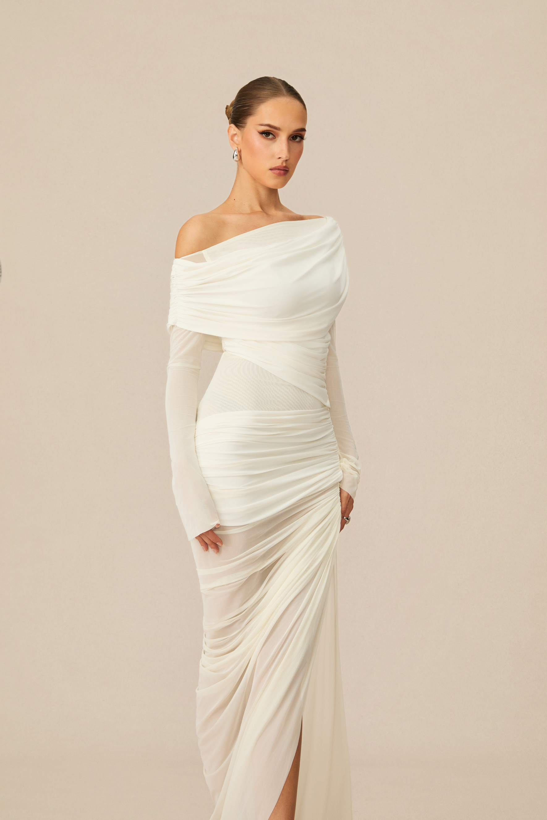 Paula One Shoulder Ruched Mesh Maxi Dress