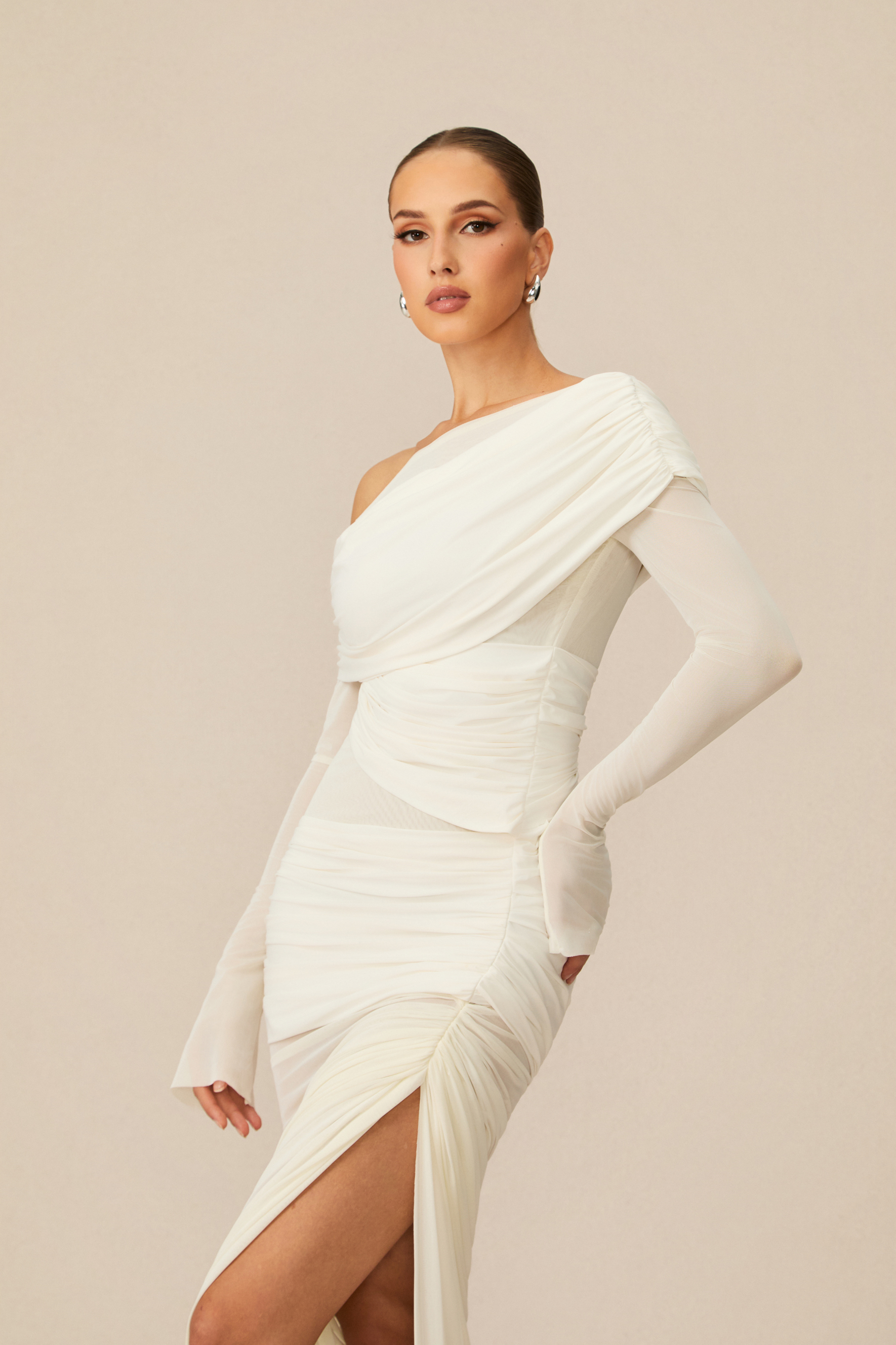 Paula One Shoulder Ruched Mesh Maxi Dress