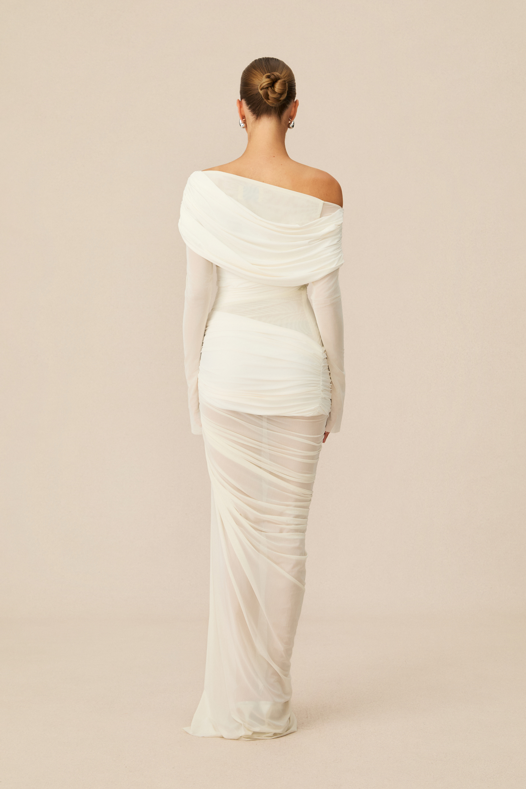 Paula One Shoulder Ruched Mesh Maxi Dress