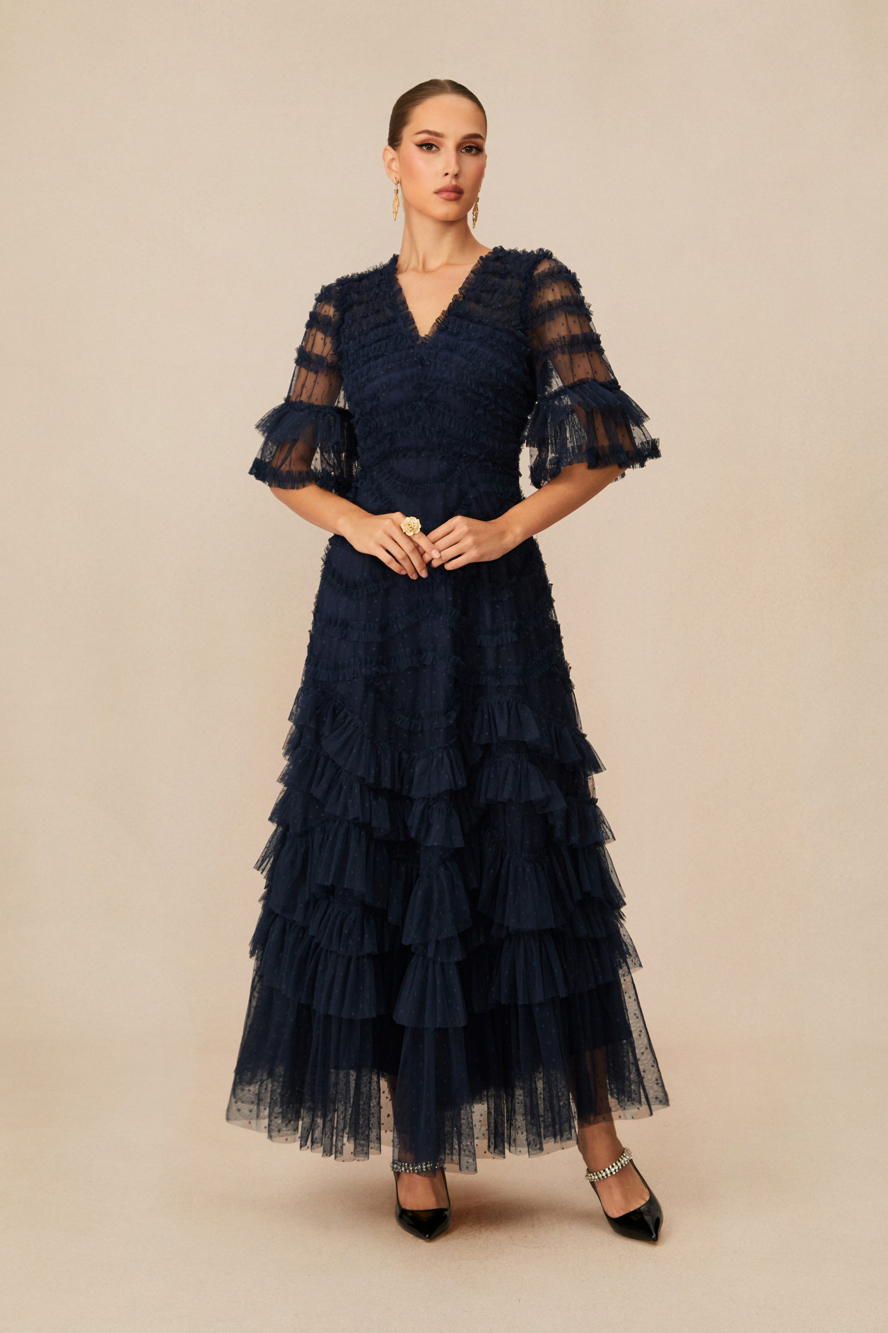 Impressively Delightful Dark Blue Tiered Ruffle Maxi Dress