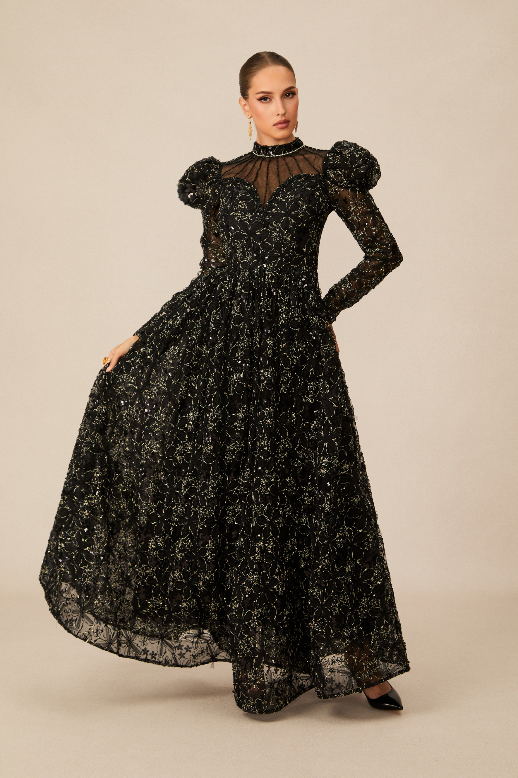 Celia Floral Embroidered Puff Sleeve Maxi Dress