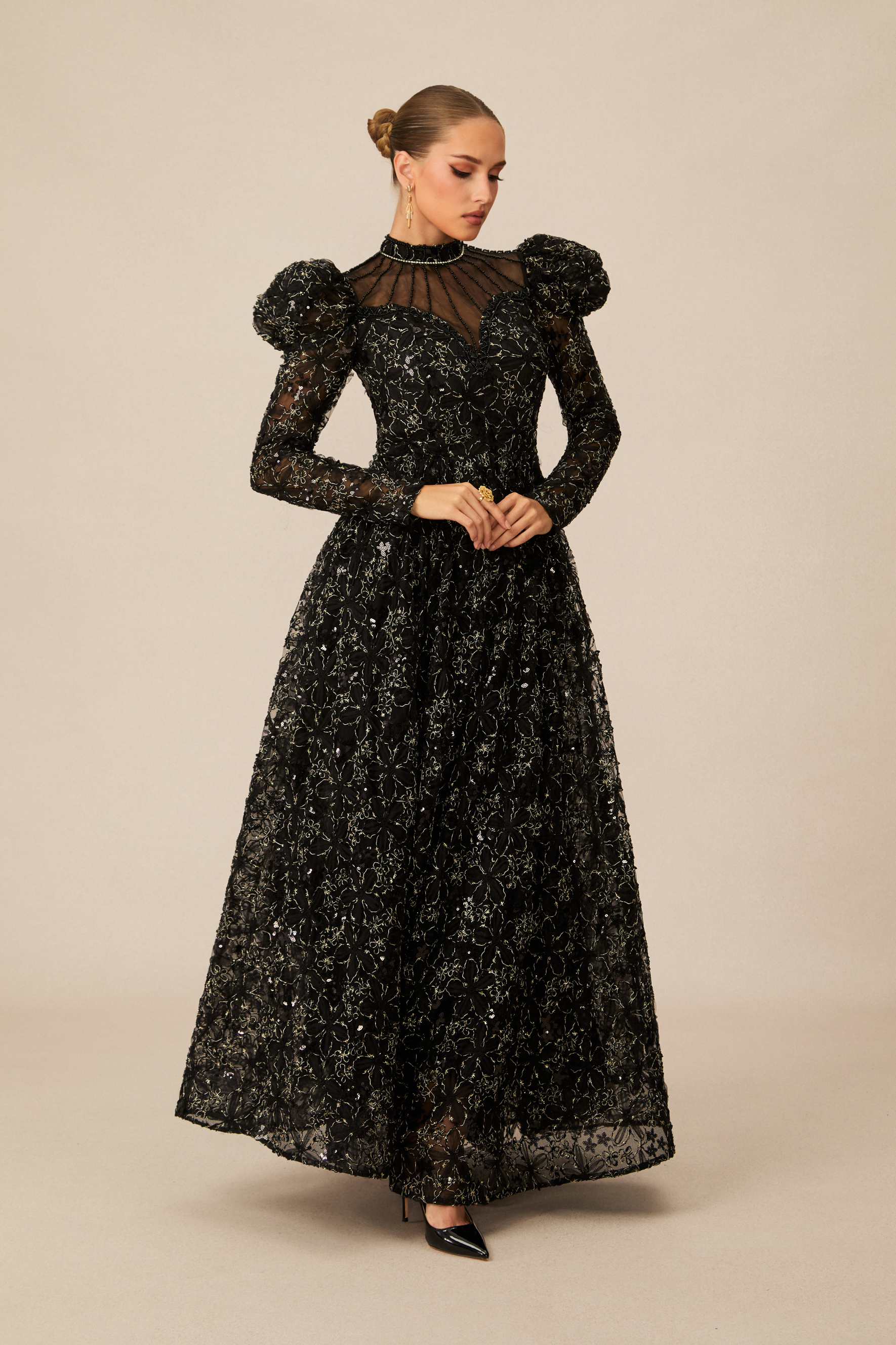 Modest Dresses - Celia Floral Embroidered Maxi with Puff Sleeves