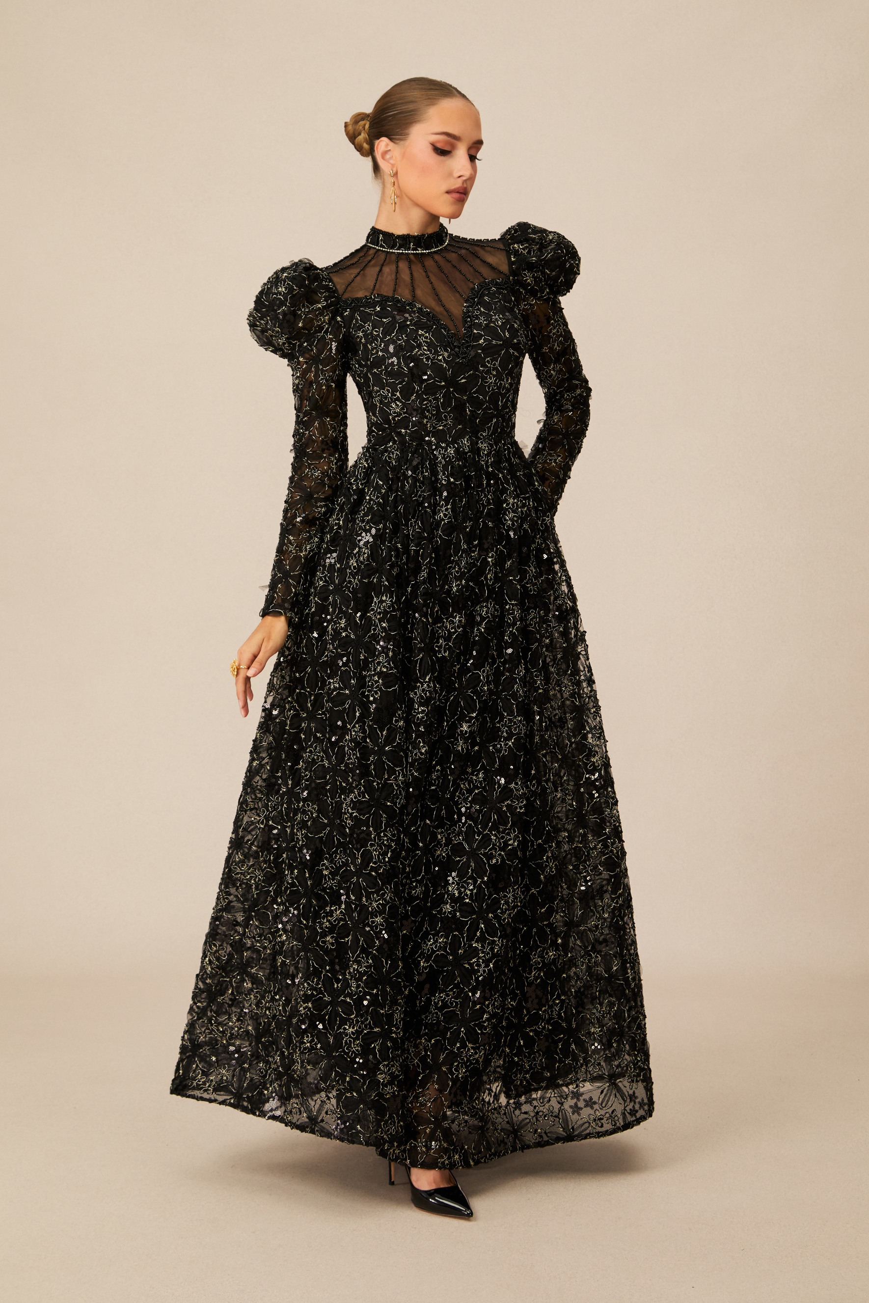 Celia Floral Embroidered Puff Sleeve Maxi Dress