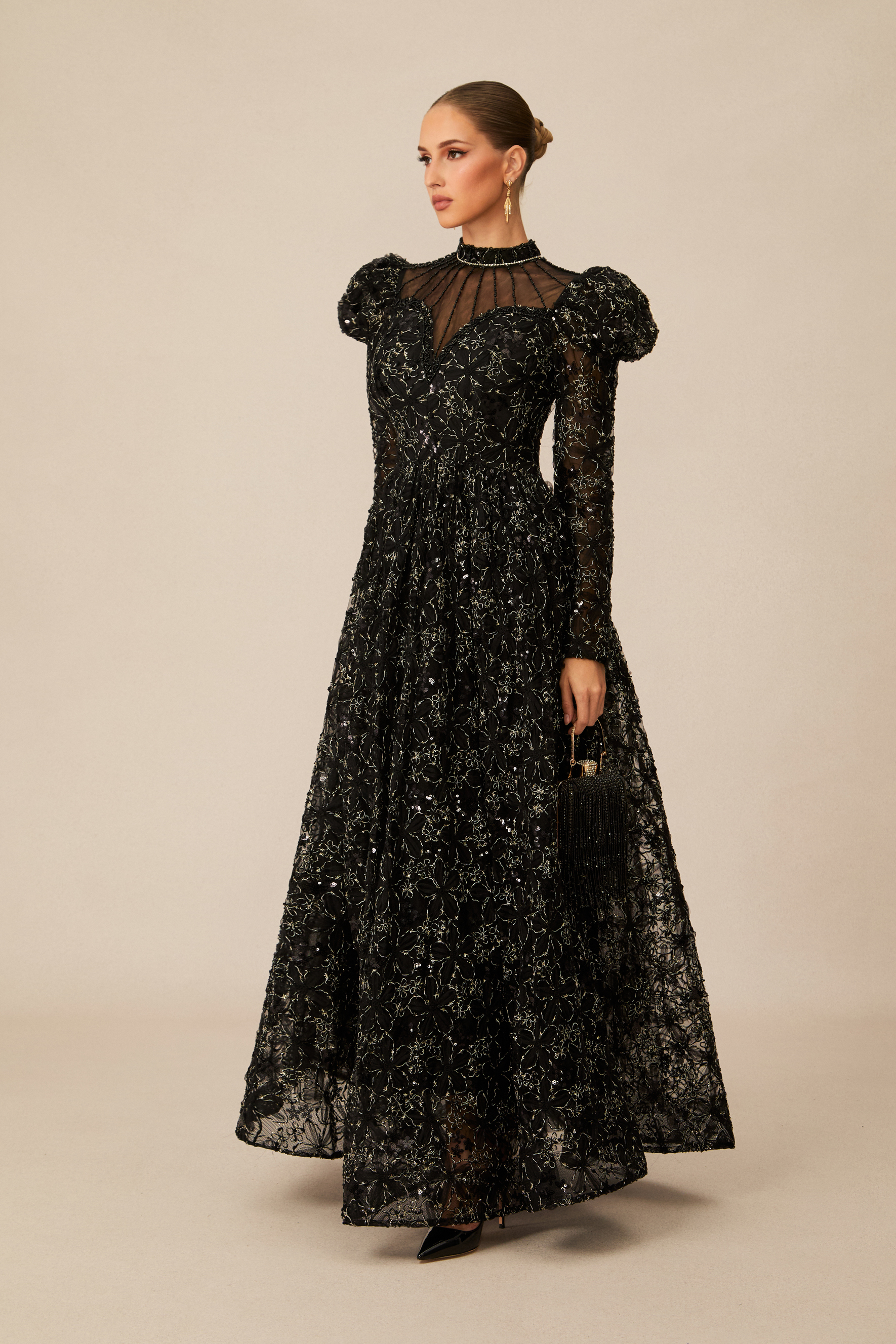 Celia Floral Embroidered Puff Sleeve Maxi Dress