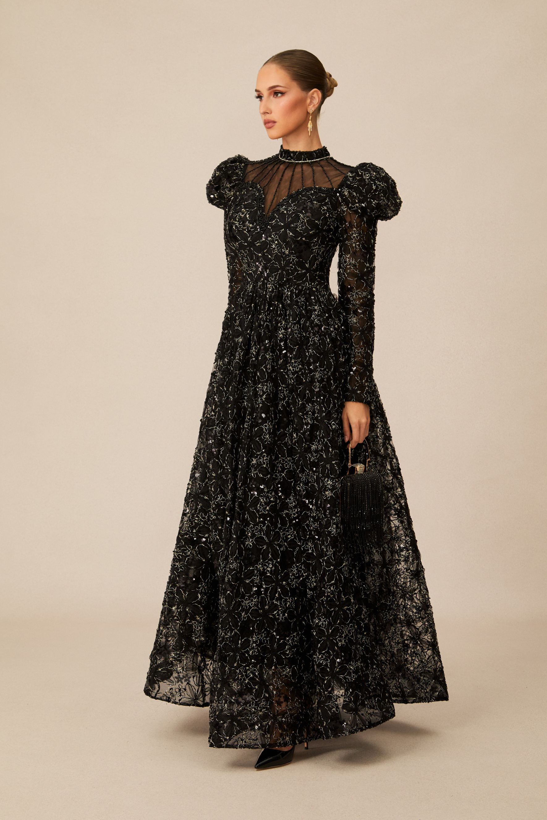 Celia Floral Embroidered Puff Sleeve Maxi Dress