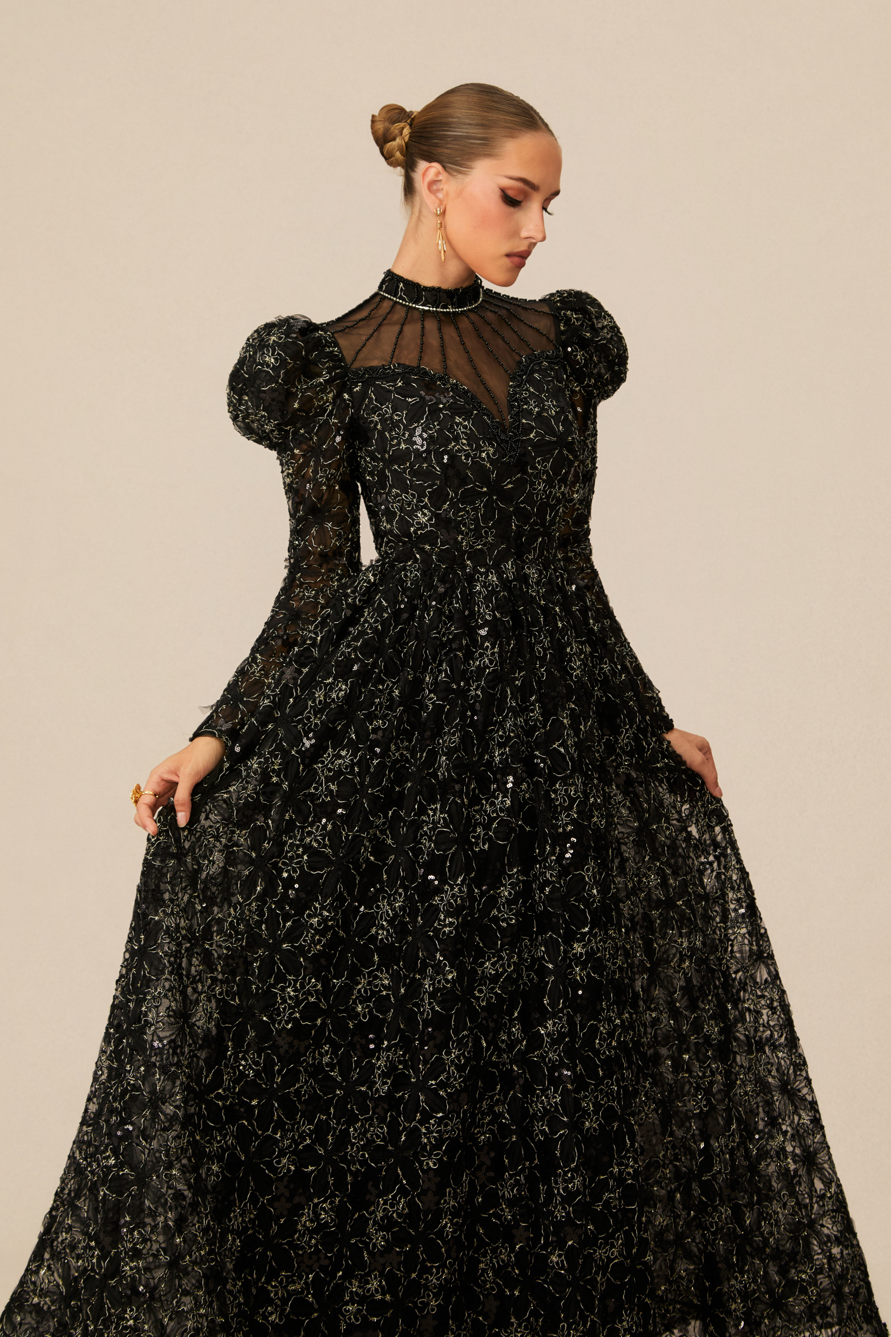 Celia Floral Embroidered Puff Sleeve Maxi Dress