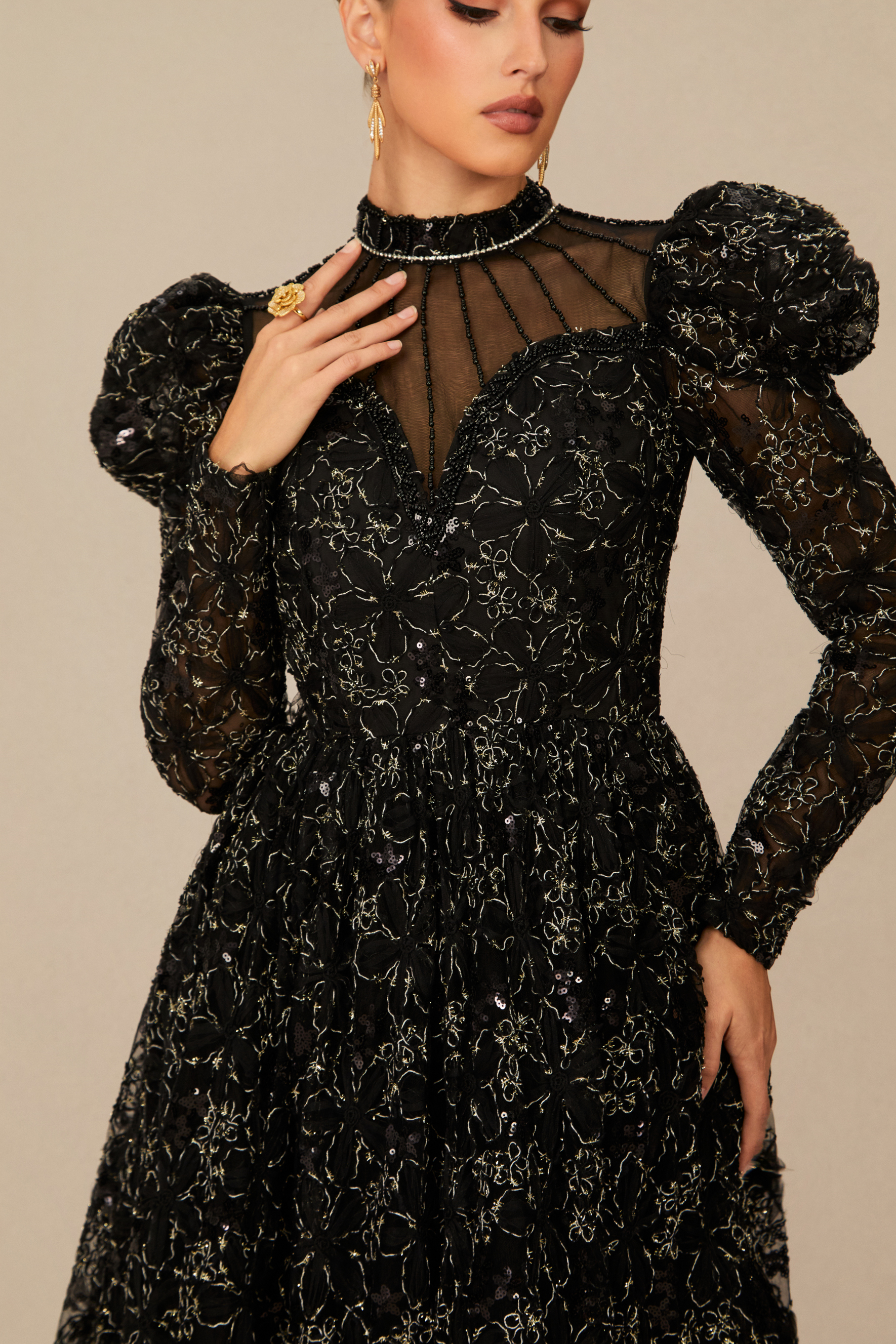 Celia Floral Embroidered Puff Sleeve Maxi Dress