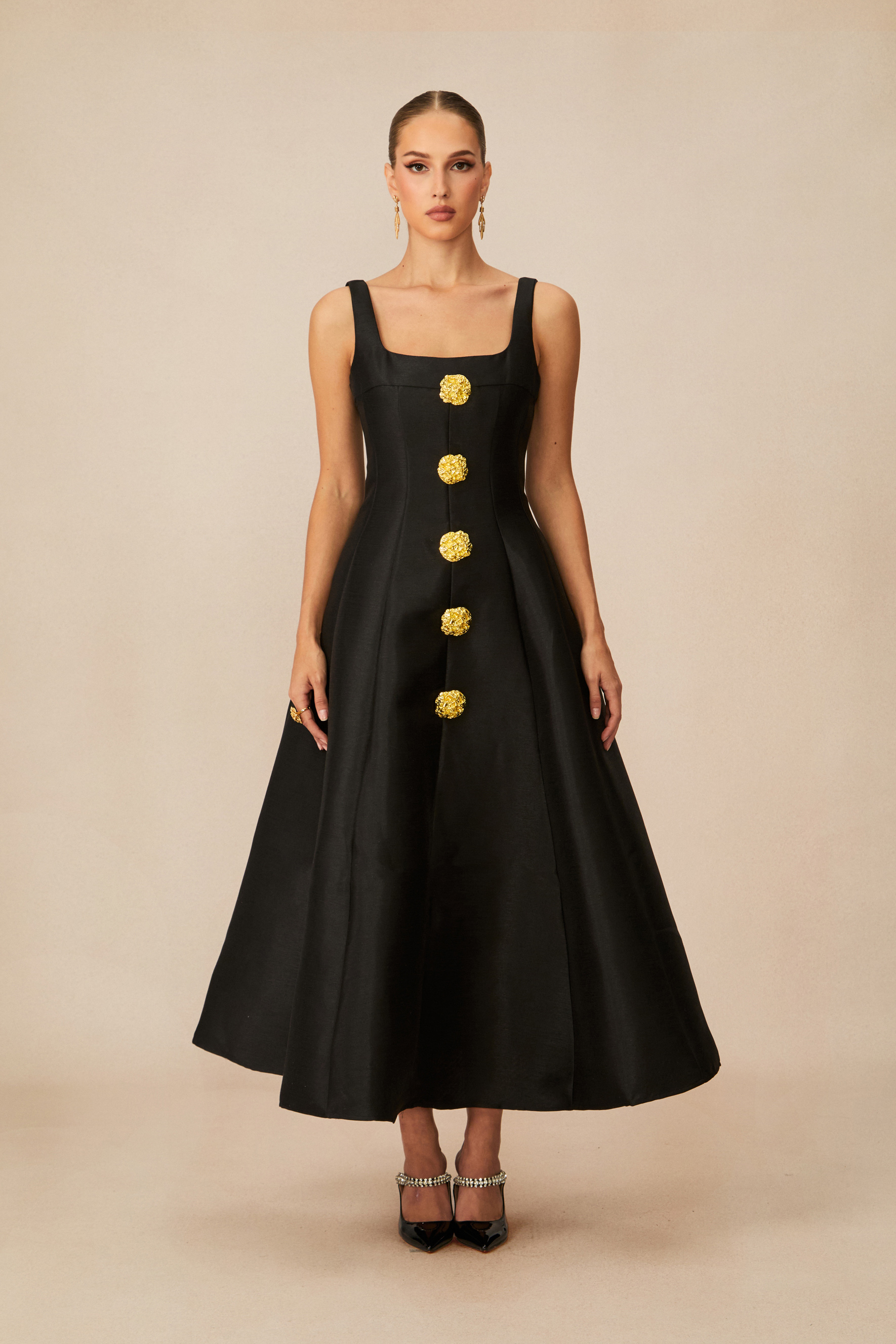 Elegant Mood Black Embellished Square Neck Midi Dress