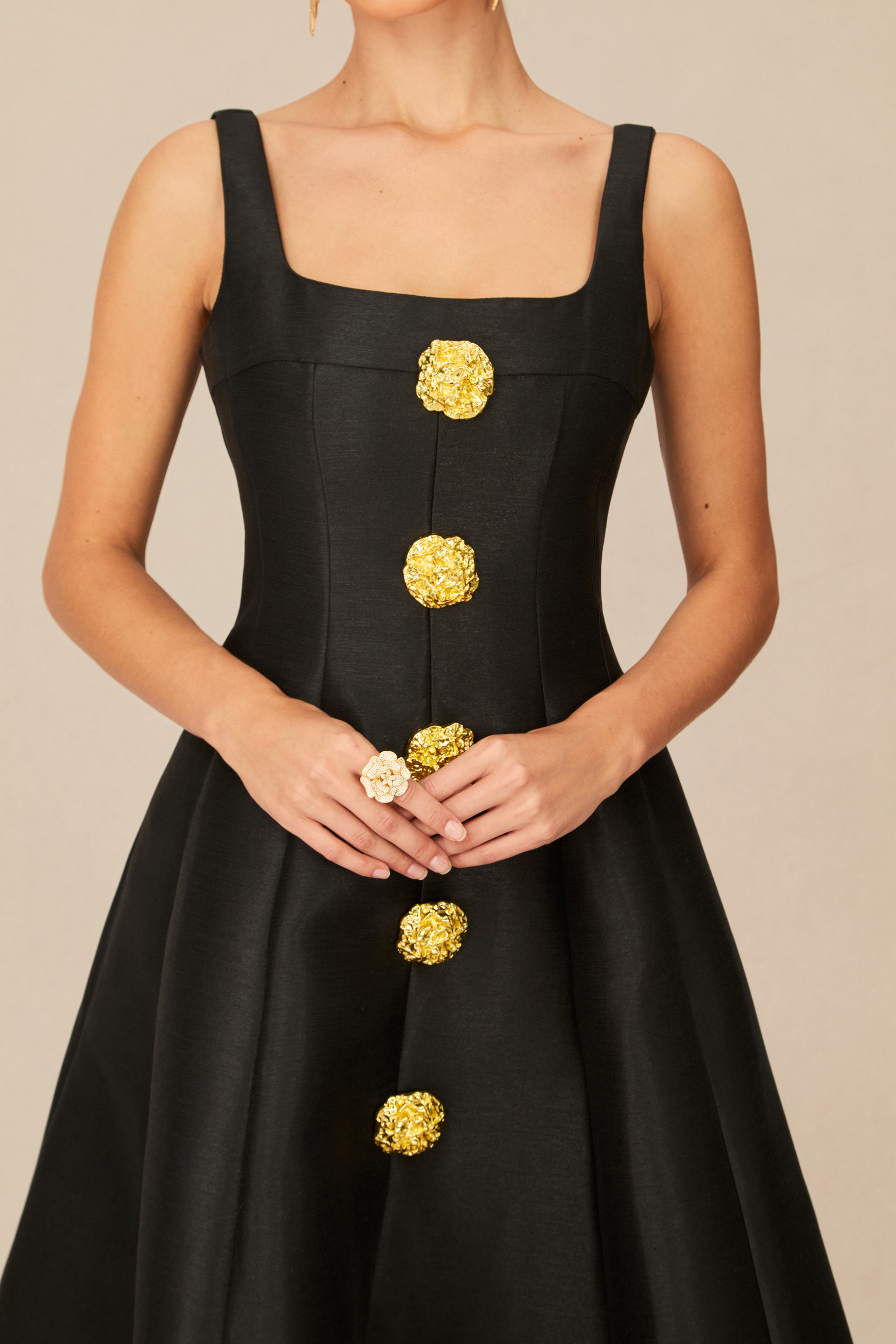 Elegant Mood Black Embellished Square Neck Midi Dress