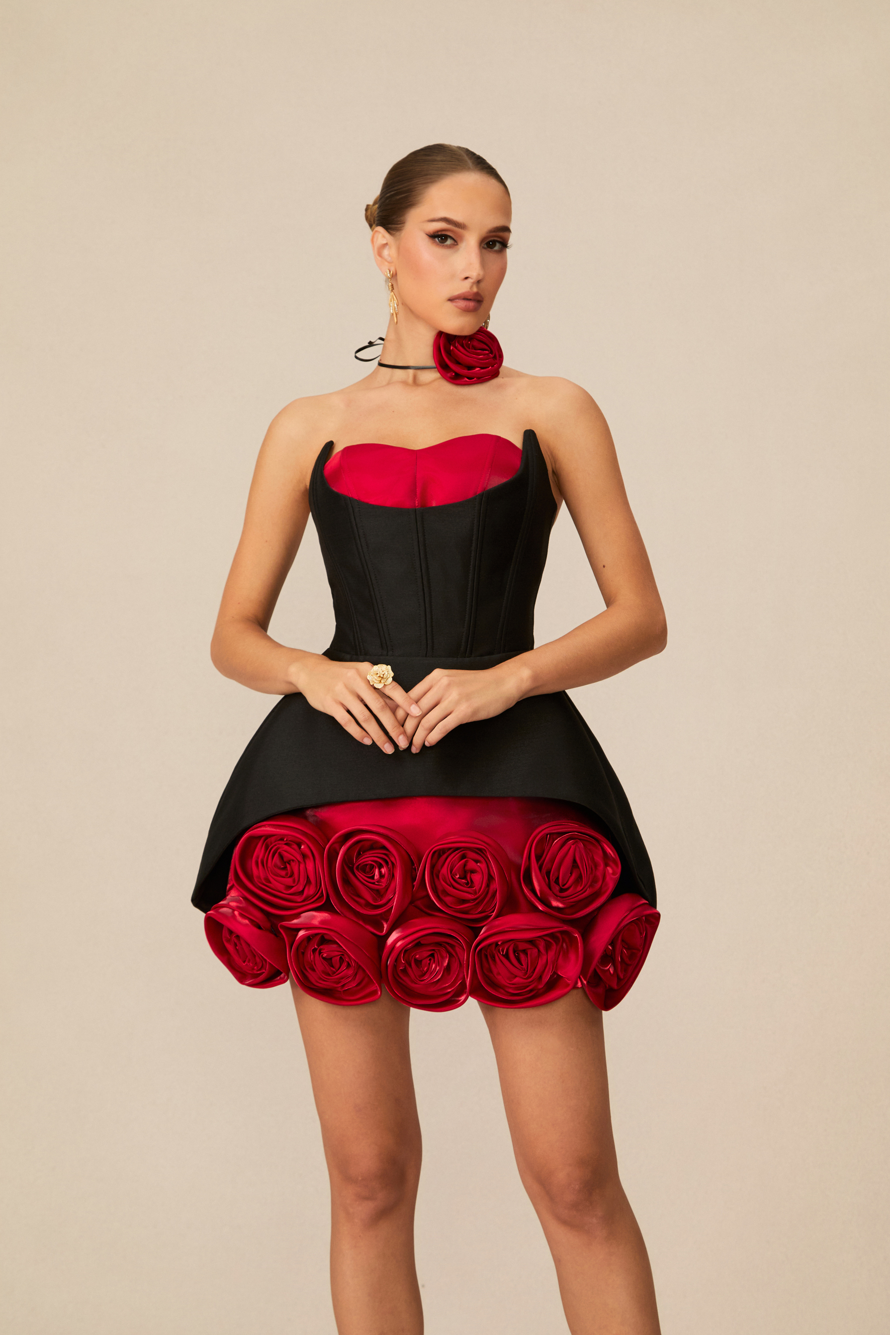 Enticing Aesthetic Black Rosette Corset Mini Dress