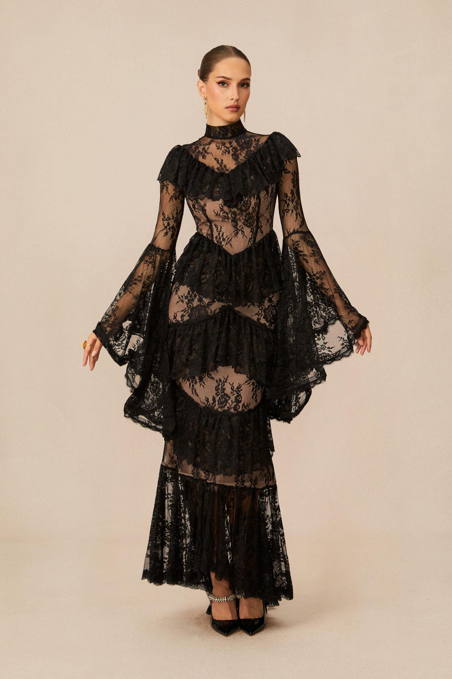 Angela Tiered Ruffle Sheer Lace Maxi Dress – sunfere