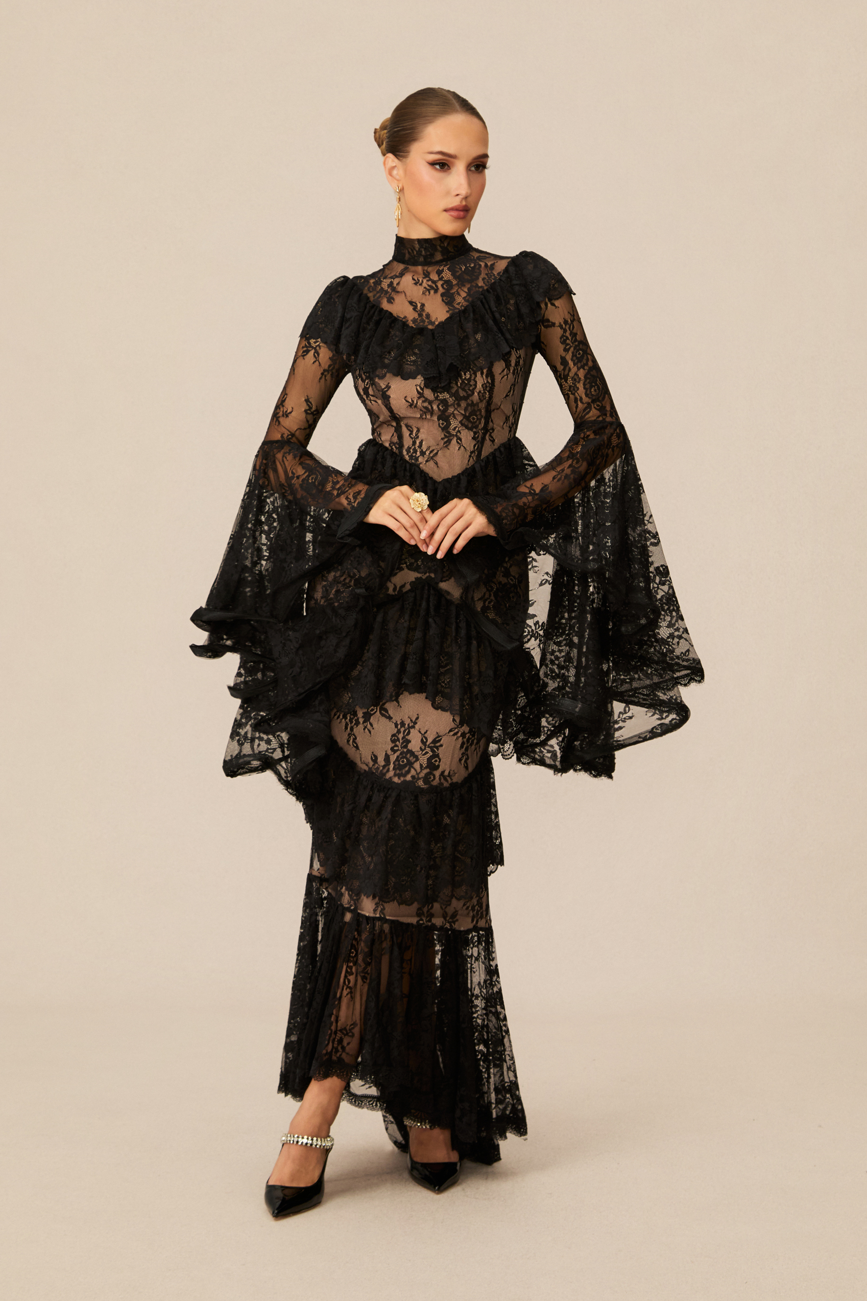 Angela Tiered Ruffle Sheer Lace Maxi Dress