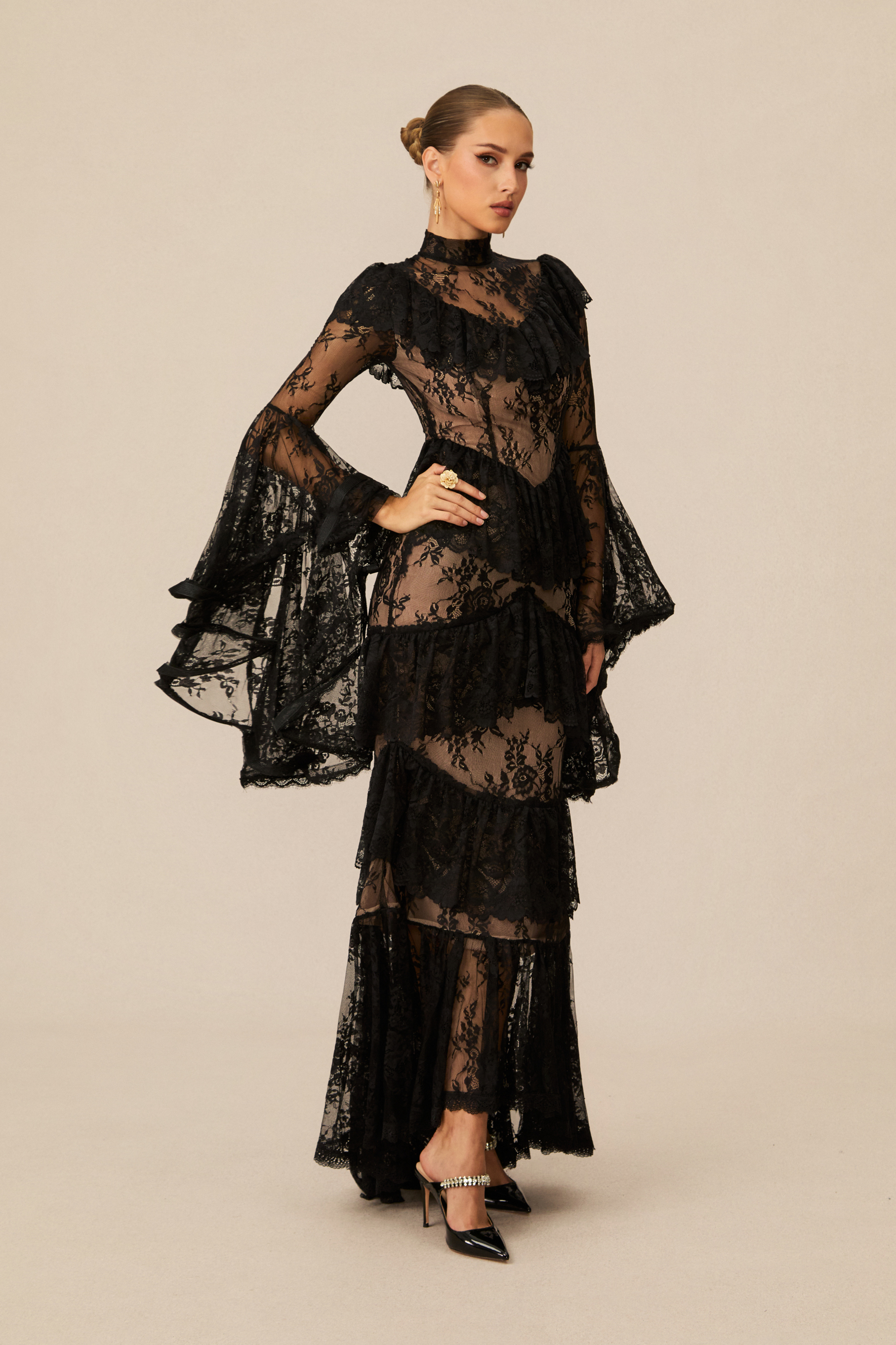 Angela Tiered Ruffle Sheer Lace Maxi Dress