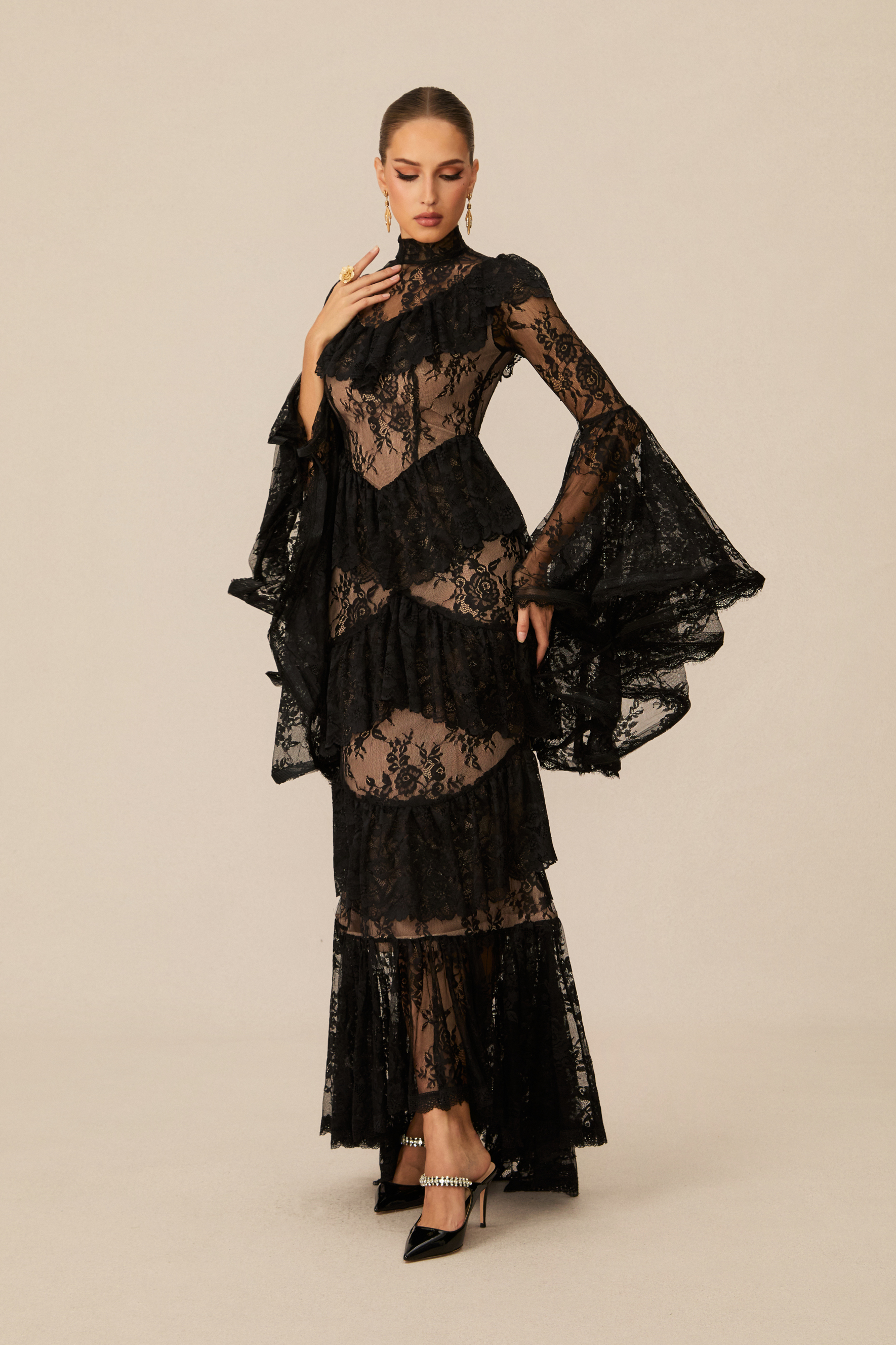 Angela Tiered Ruffle Sheer Lace Maxi Dress