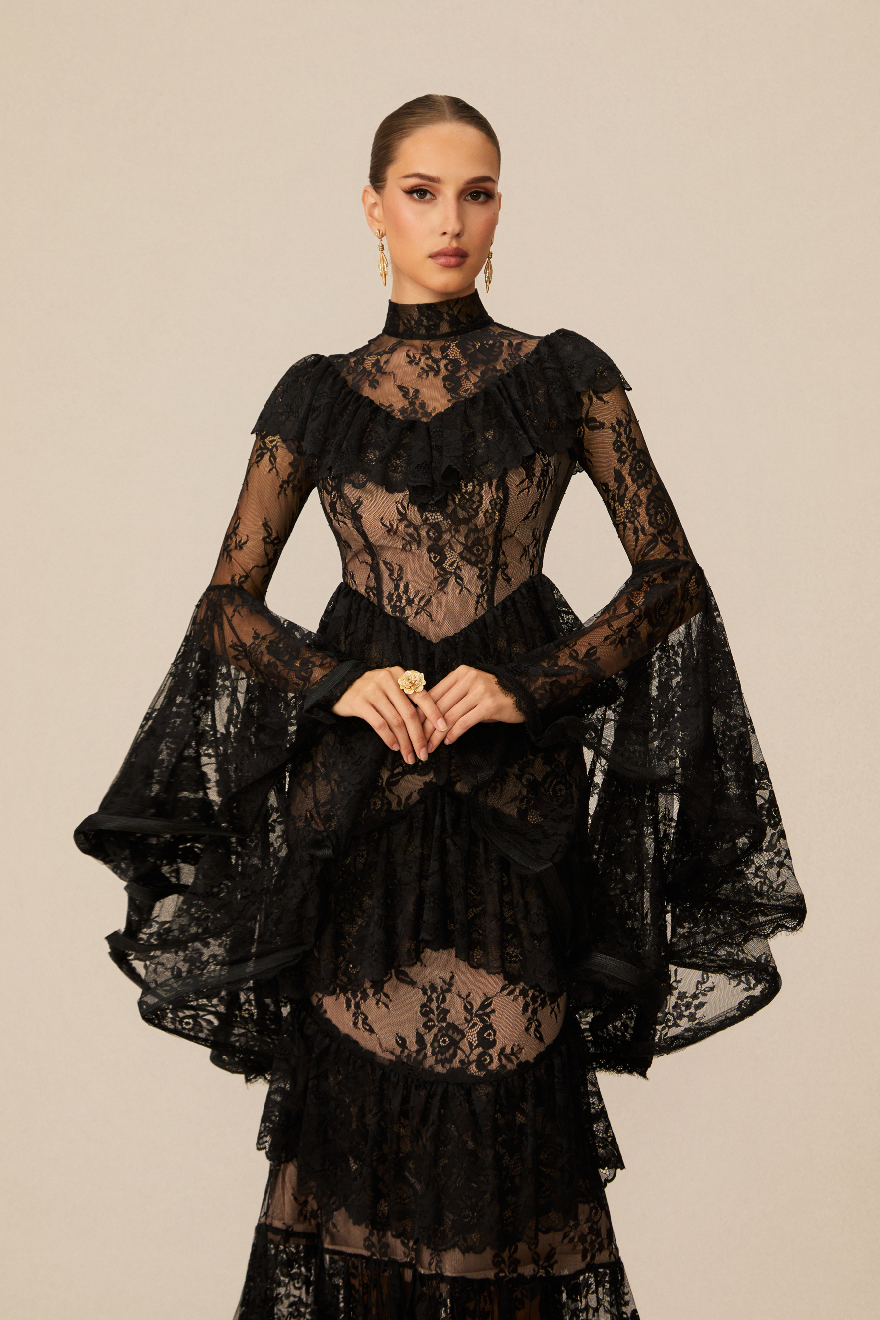 Angela Tiered Ruffle Sheer Lace Maxi Dress