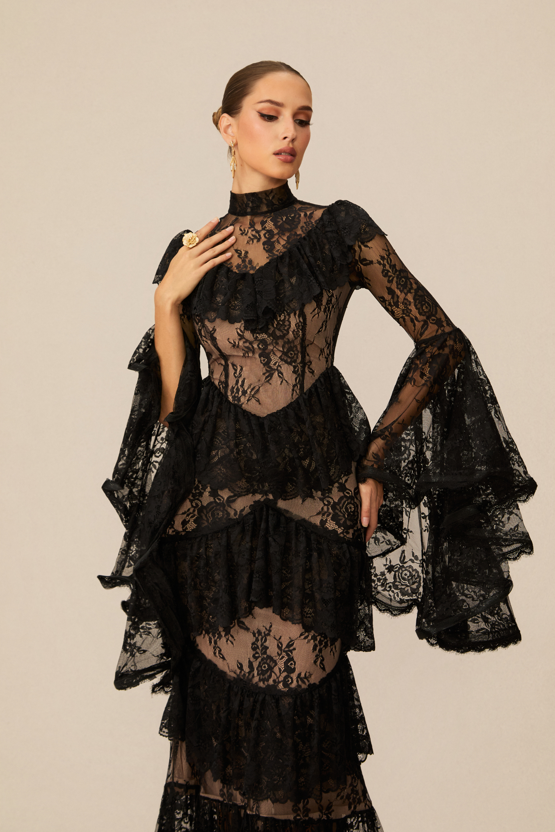 Angela Tiered Ruffle Sheer Lace Maxi Dress
