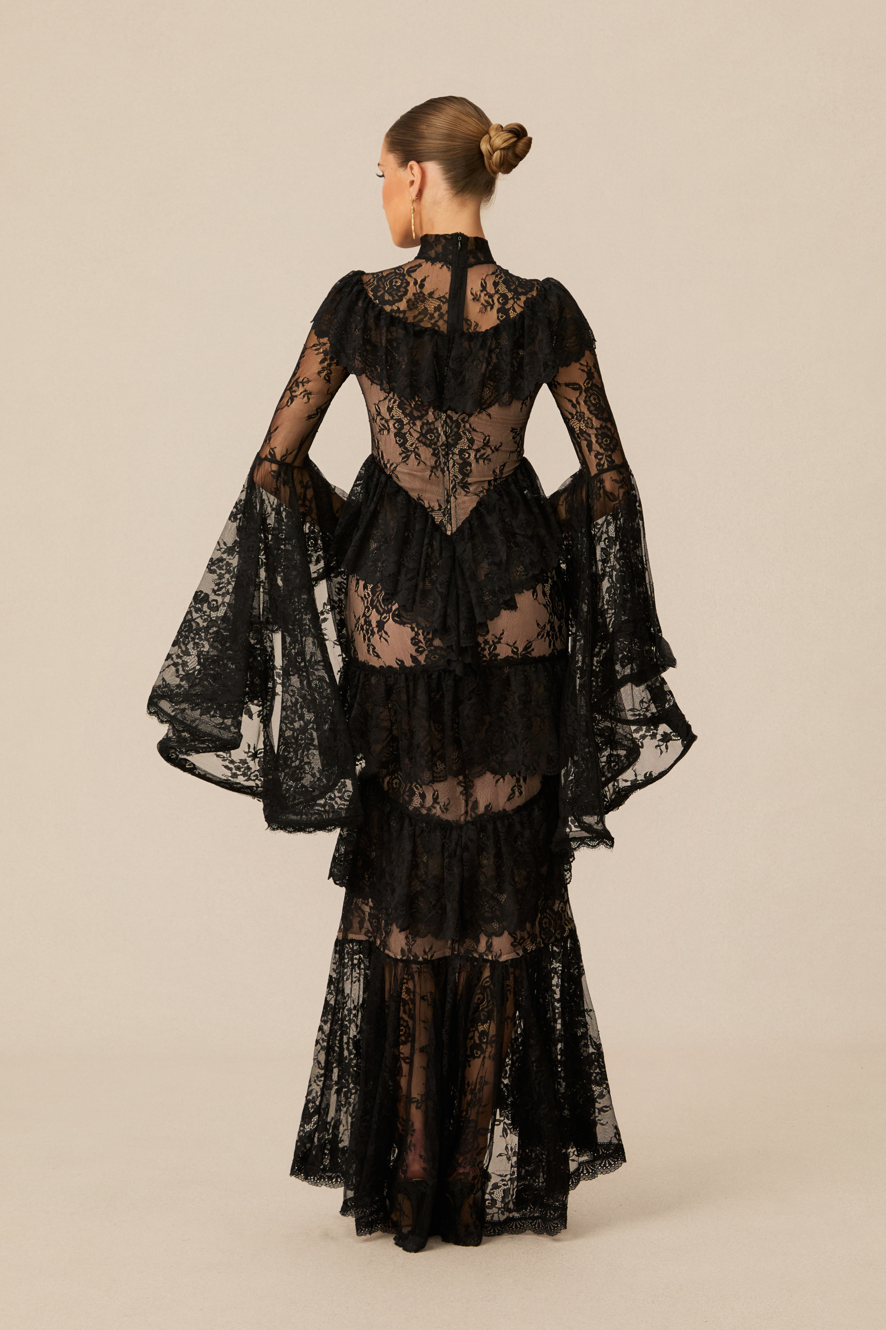 Angela Tiered Ruffle Sheer Lace Maxi Dress