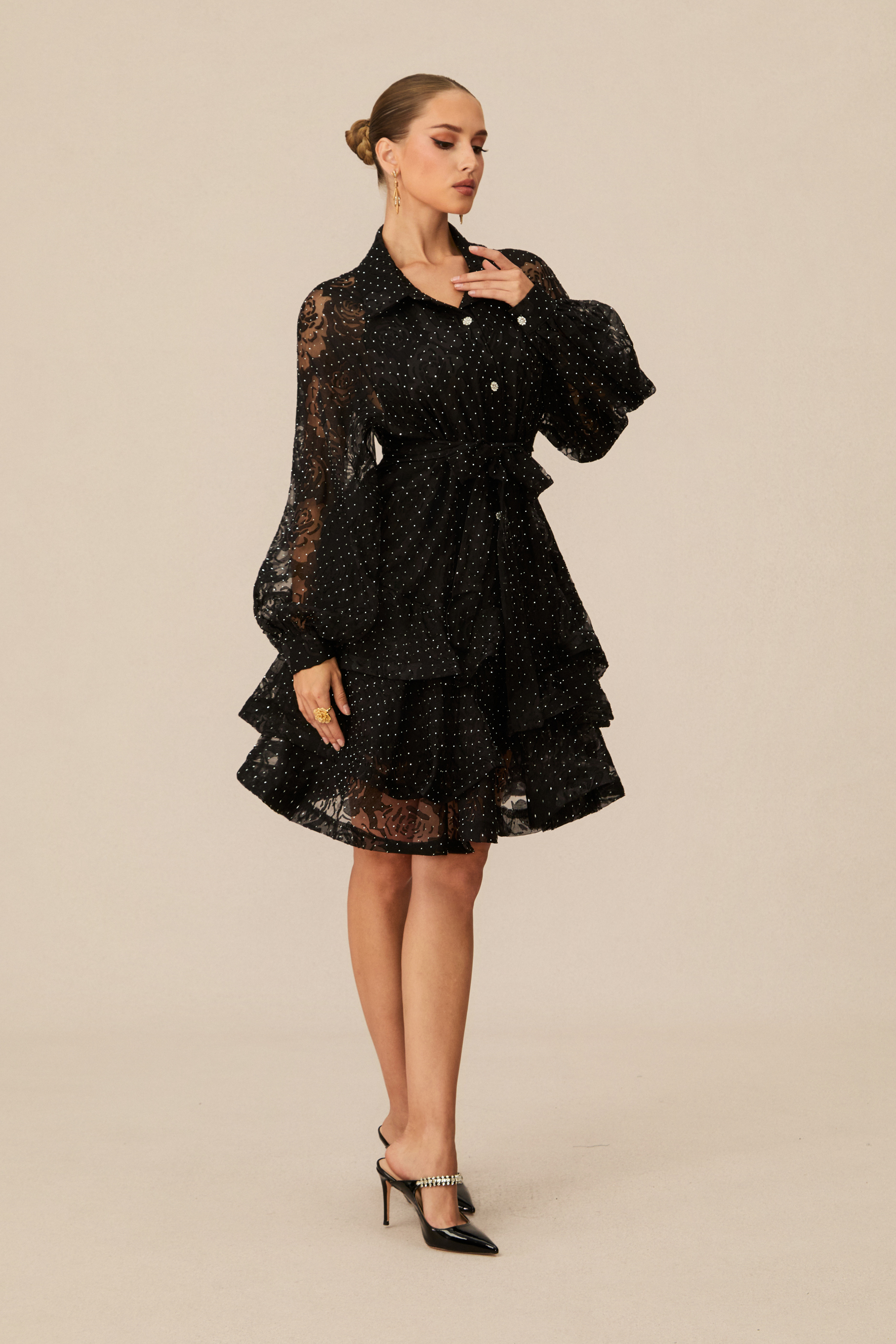 Playfully Elegant Black Embellished Tiered Mini Dress